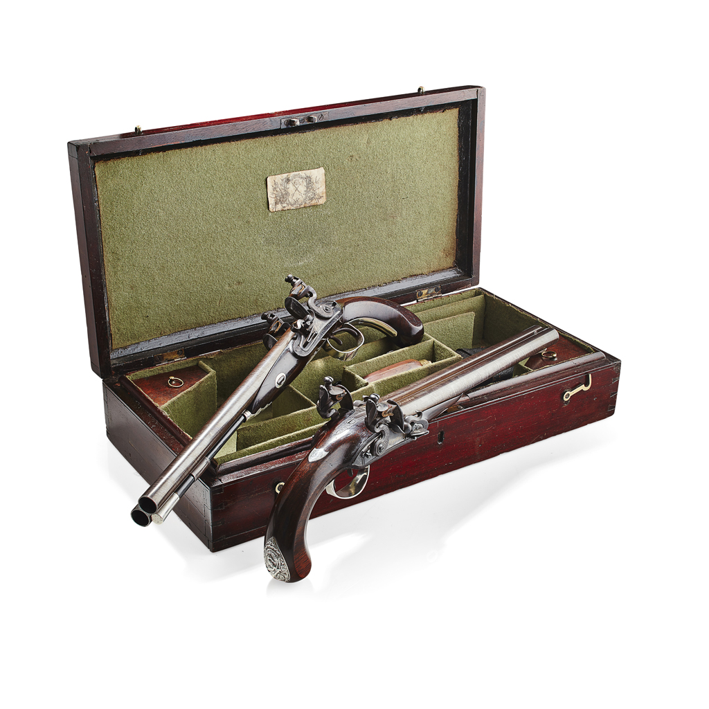 FINE PAIR OF LARGE 26-BORE SILVER MOUNTED DOUBLE BARREL FLINTLOCK HOLSTER PISTOLS BY ROBERT WOGDON, LONDON