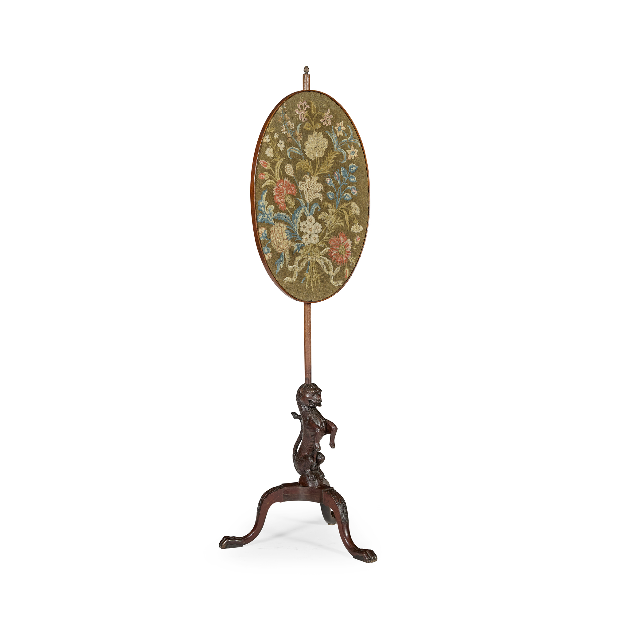 IRISH GEORGE III MAHOGANY AND NEEDLEWORK POLESCREEN