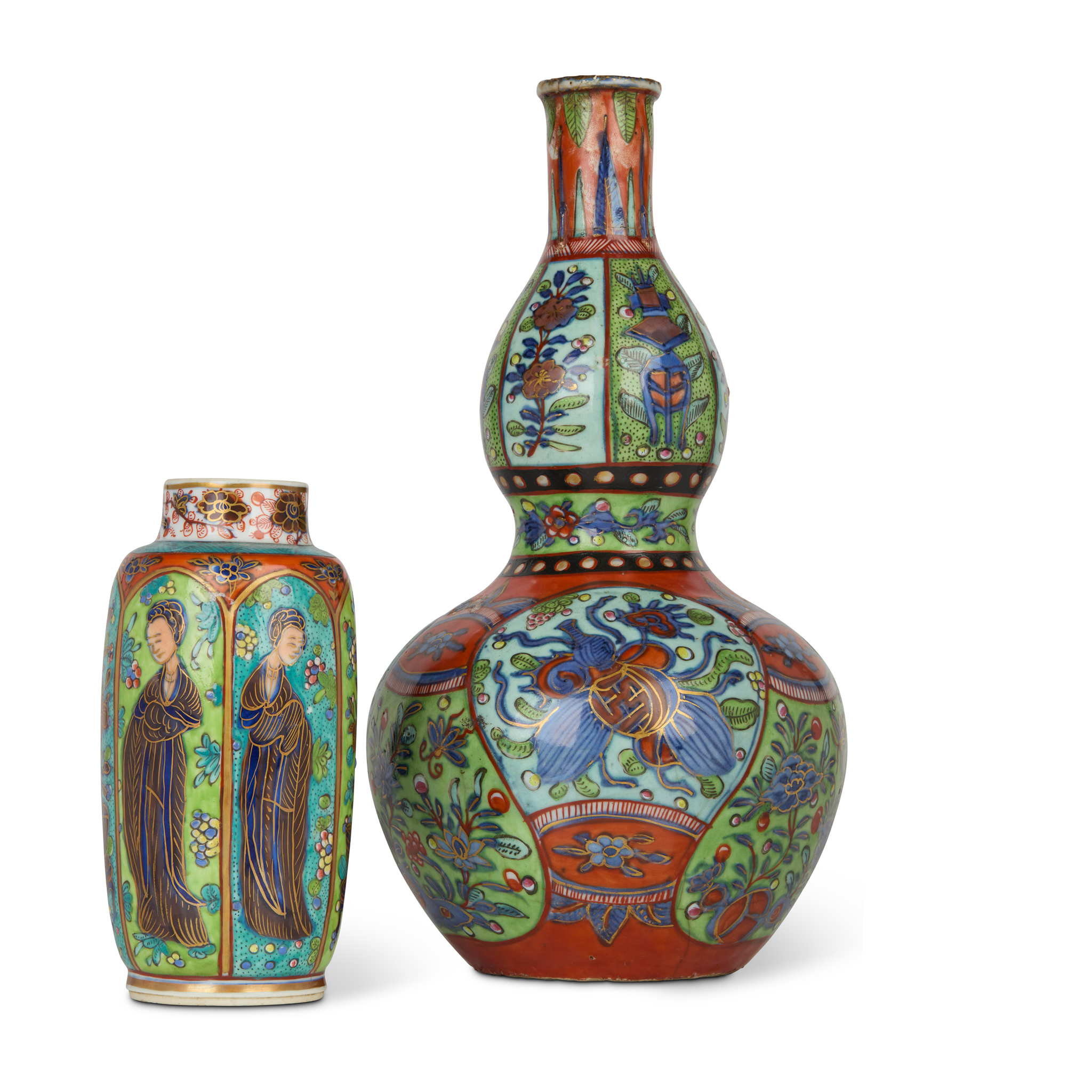 TWO CHINESE 'CLOBBERED' BLUE AND WHITE VASES