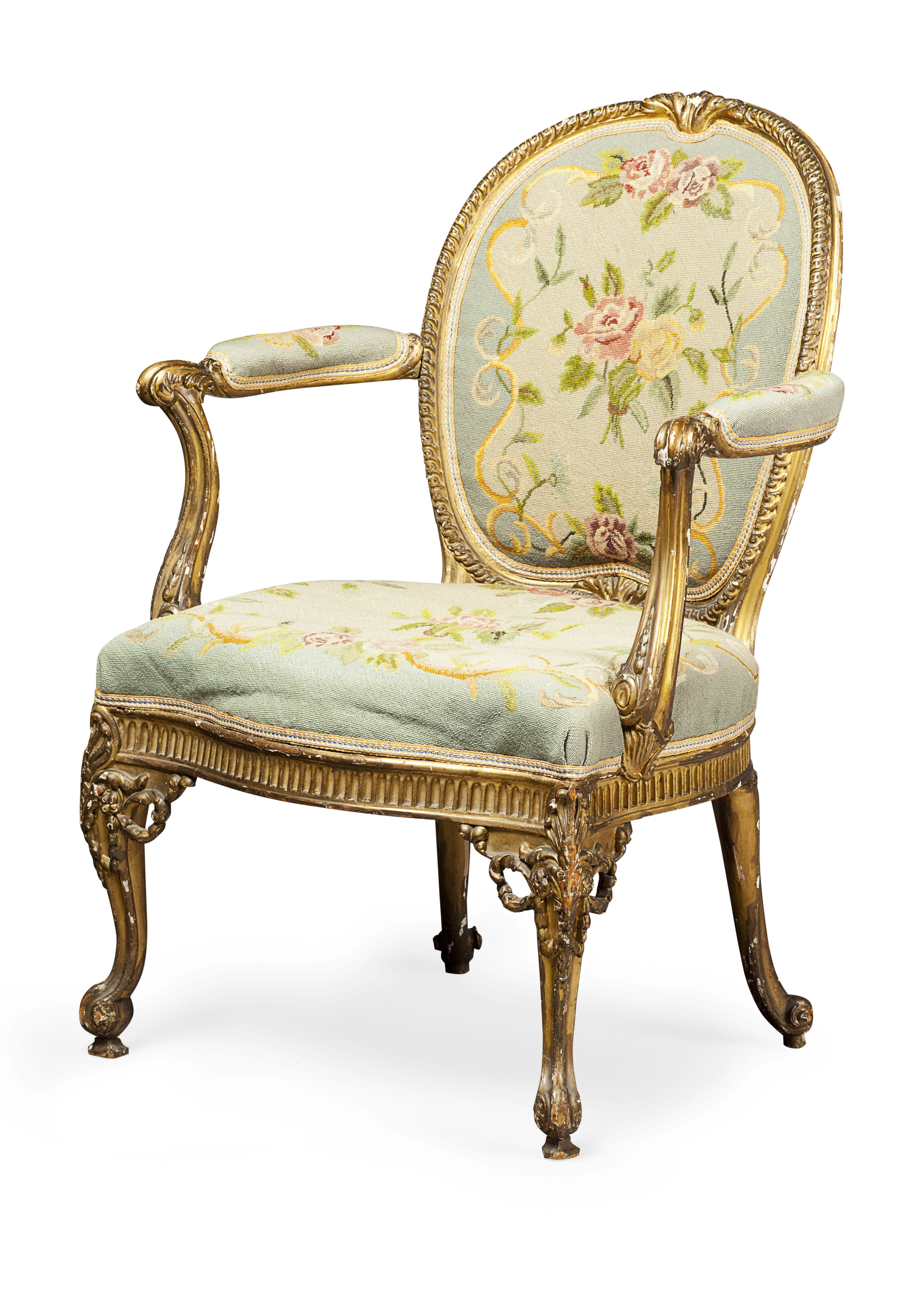 GOOD GEORGE III GILTWOOD OPEN ARMCHAIR IN THE MANNER OF THOMAS CHIPPENDALE