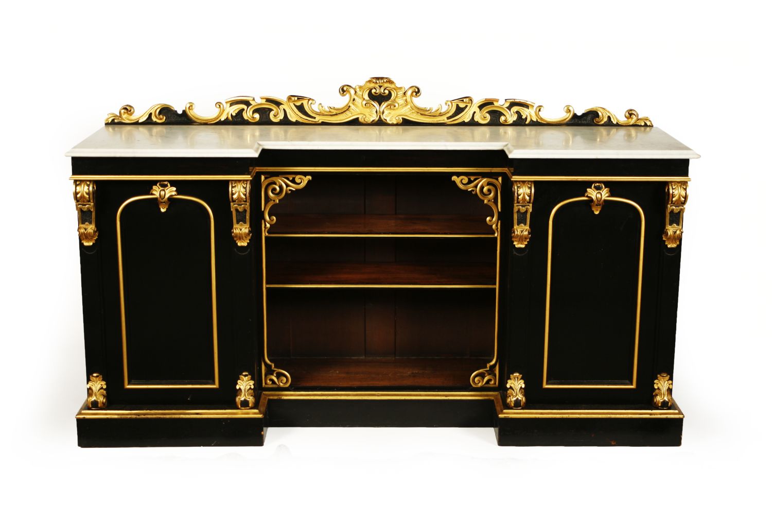 VICTORIAN EBONISED AND GILTWOOD INVERTED BREAKFRONT MARBLE TOPPED CREDENZA