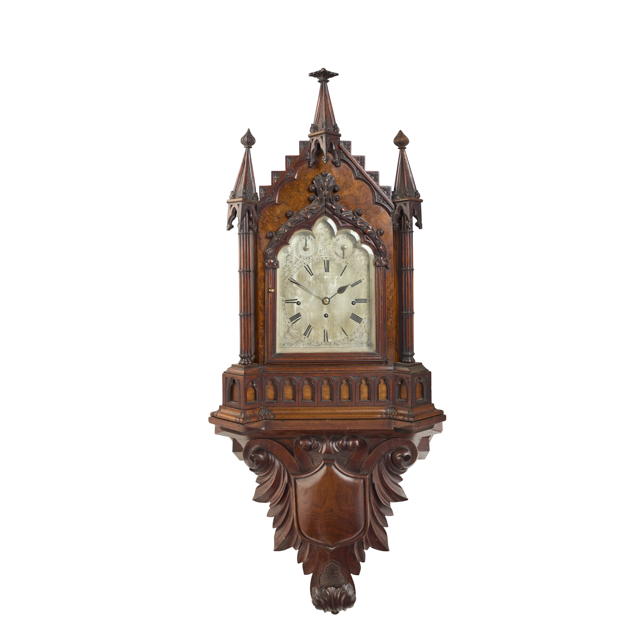 VICTORIAN WALNUT GOTHIC STYLE QUARTER CHIMING BRACKET CLOCK AND WALL BRACKET