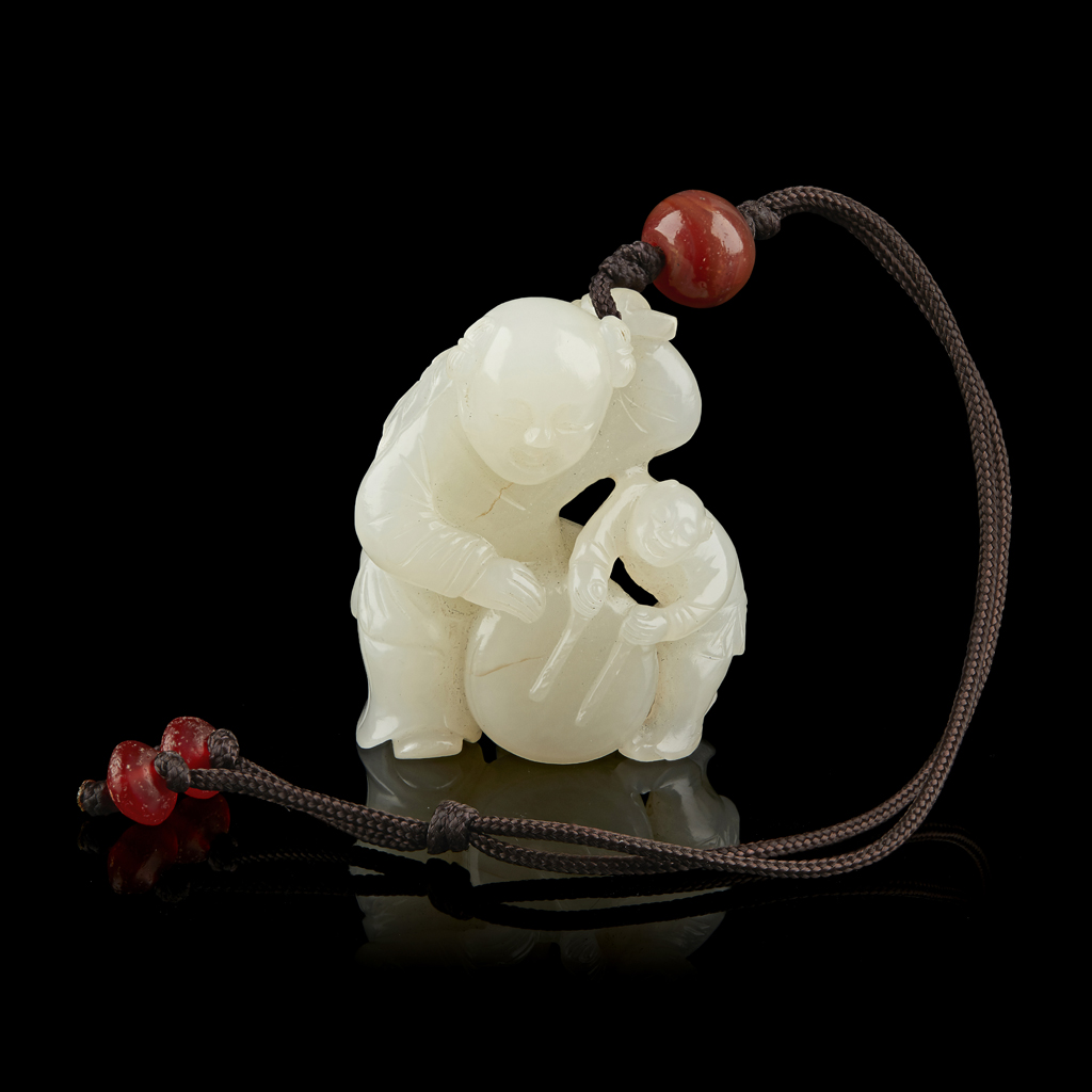 WHITE JADE 'BOYS AND DRUM' CARVING
