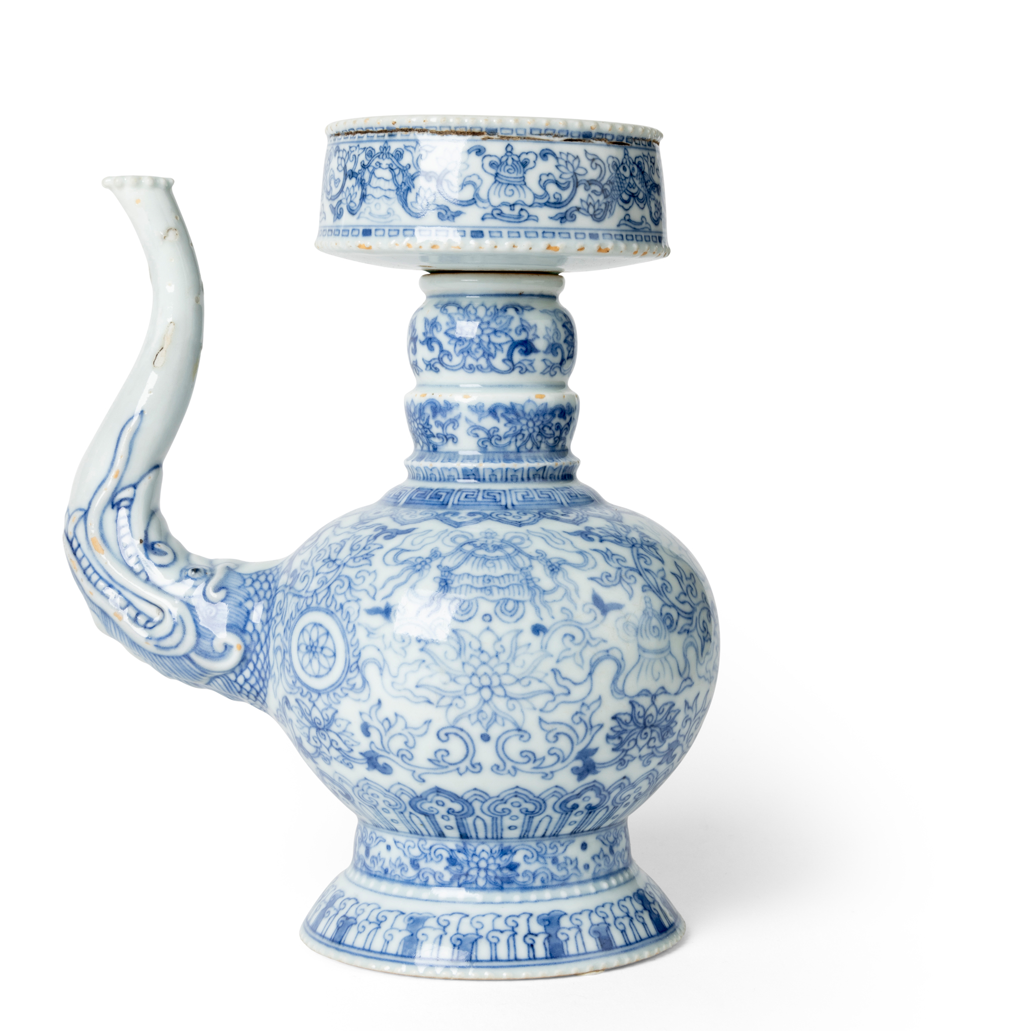 CHINESE BLUE AND WHITE 'EIGHT BUDDHIST EMBLEMS' TIBETAN-STYLE EWER, PENBA HU