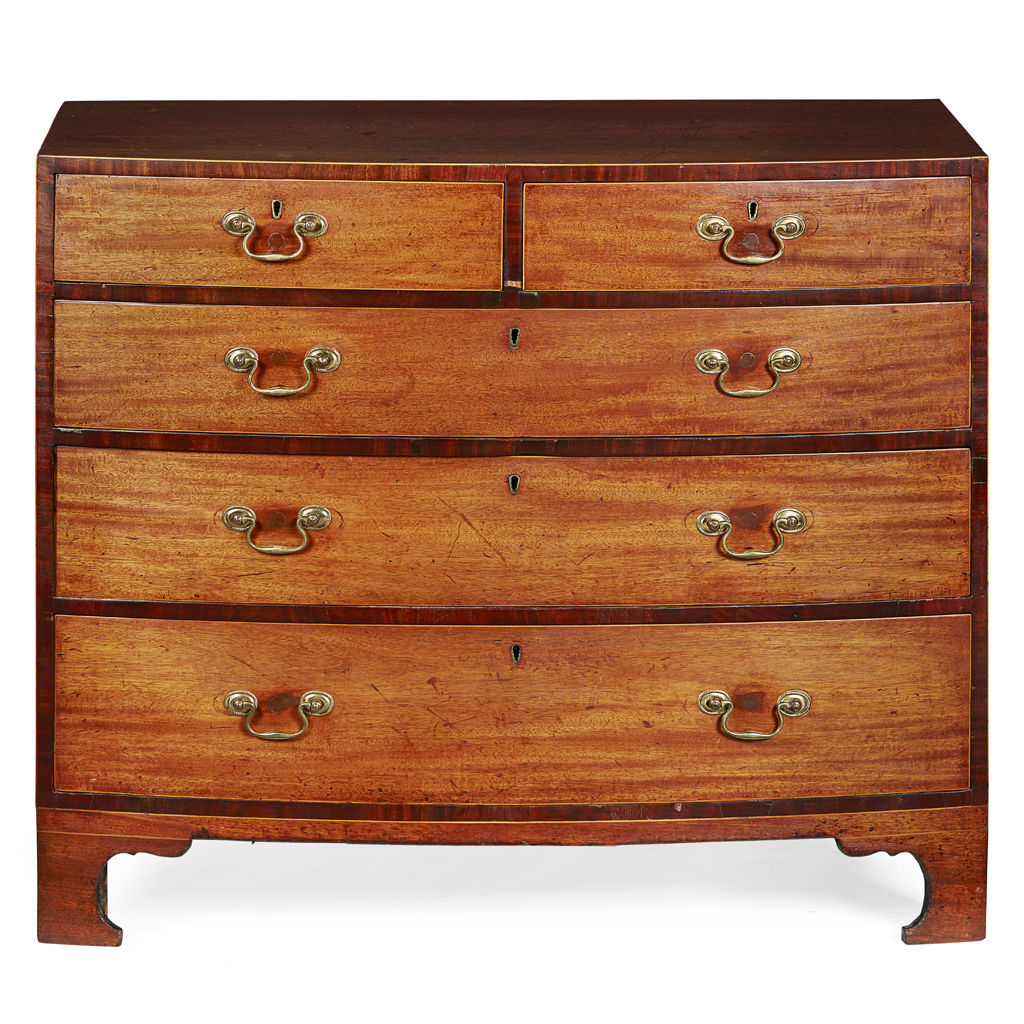 GEORGE III MAHOGANY AND SATINWOOD BOWFRONT CHEST OF DRAWERS
