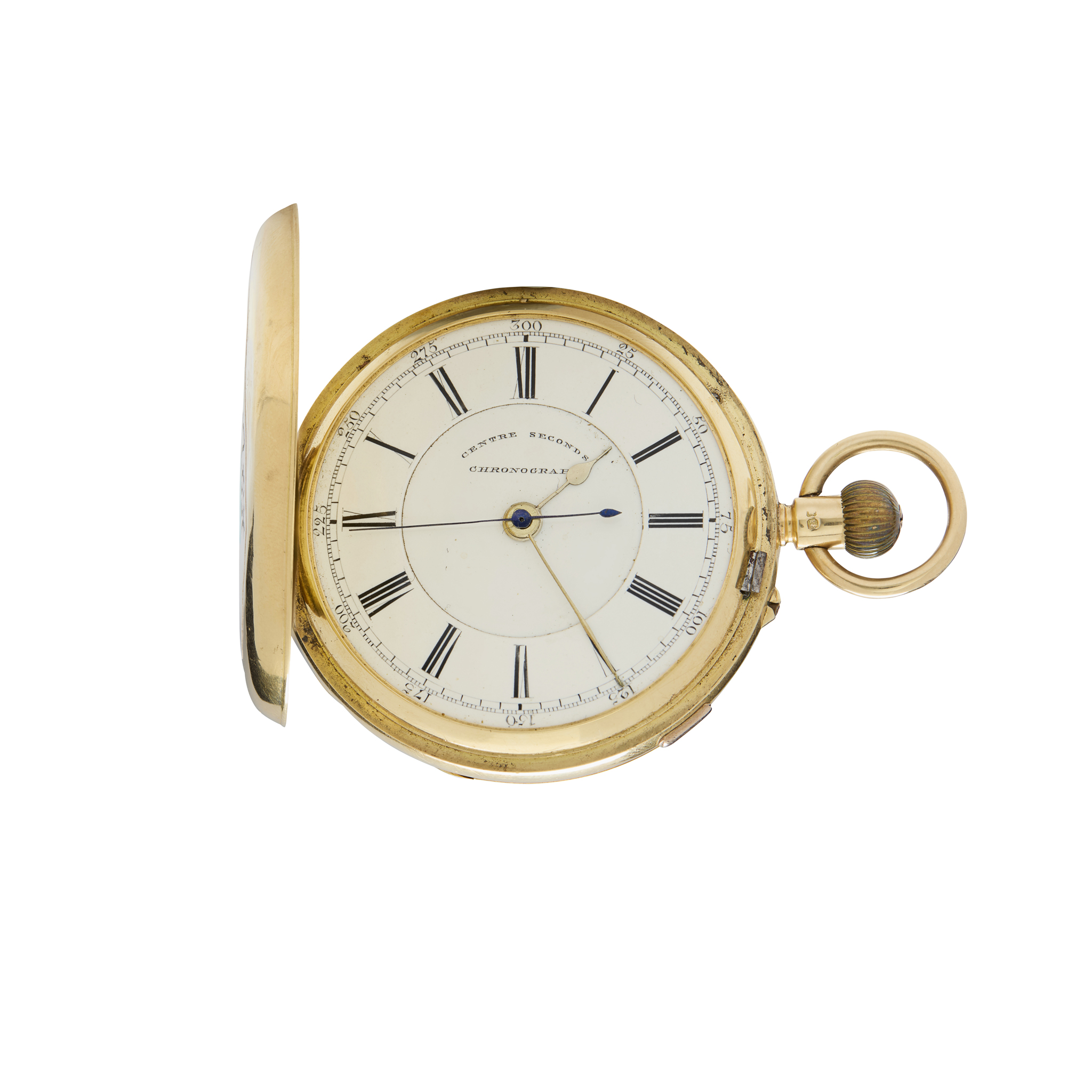 An 18k gold hunting cased centre stop seconds keyless pocket watch