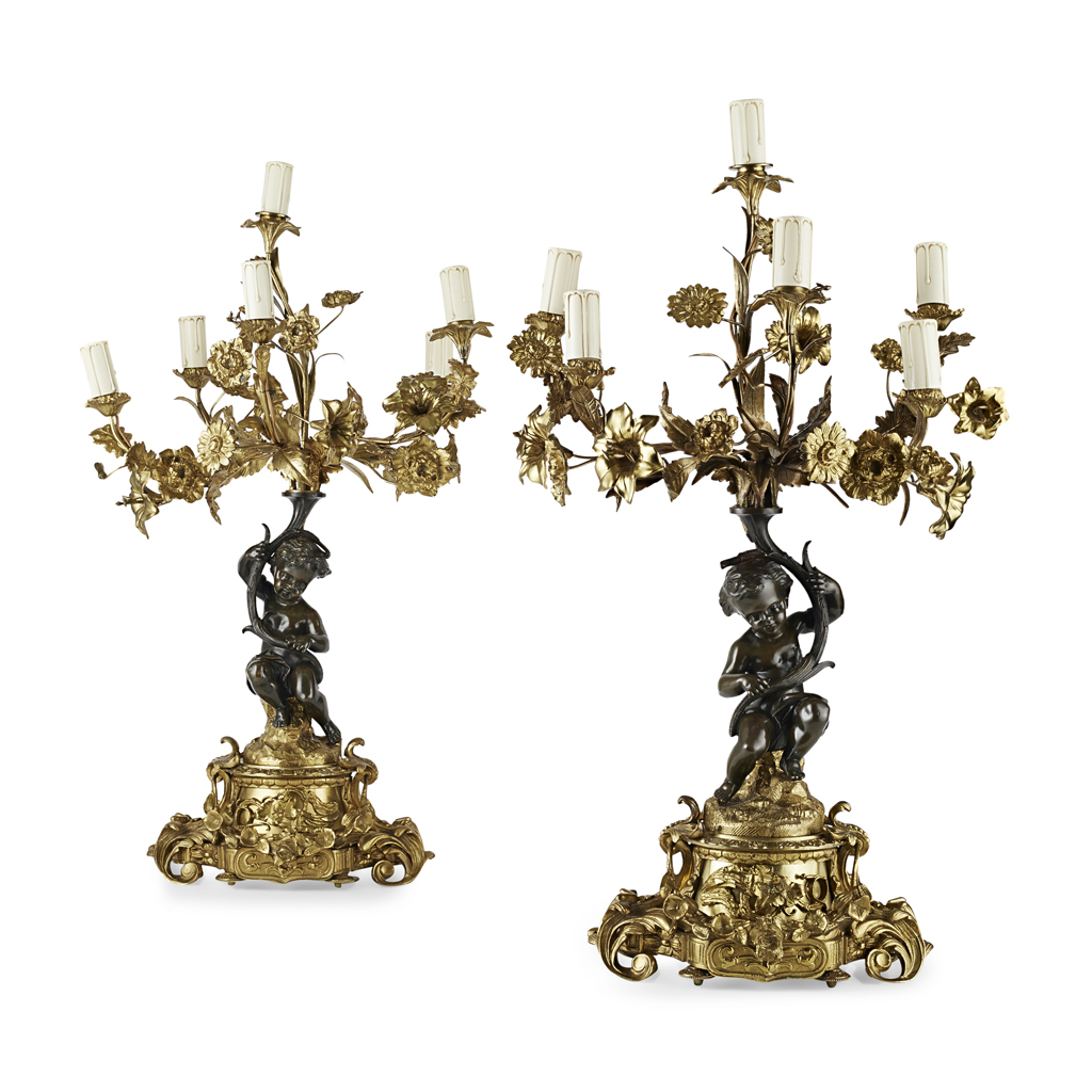 PAIR OF FRENCH PATINATED AND GILT BRONZE FIGURAL CANDELABRA