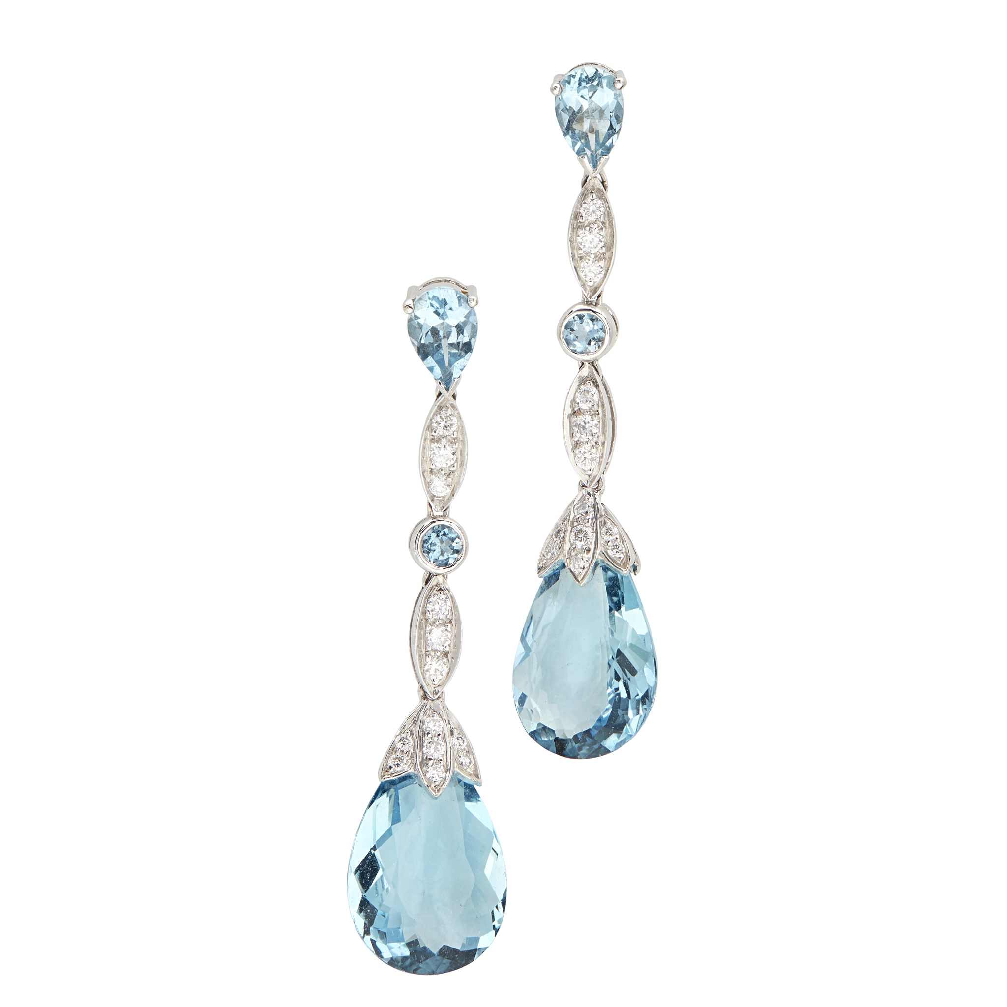 A pair of aquamarine and diamond set pendant earrings