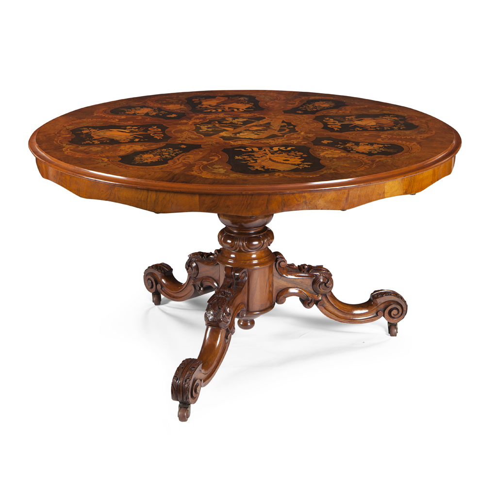 A GOOD VICTORIAN WALNUT AND MARQUETRY BREAKFAST TABLE