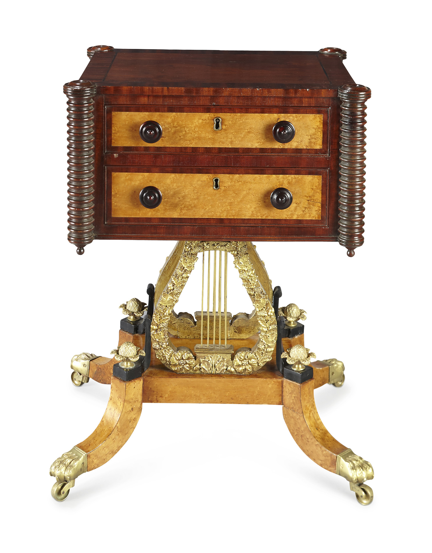 AMERICAN FEDERAL MAHOGANY AND BURR MAPLE WORK TABLE IN THE MANNER OF MICHEL BOUVIER