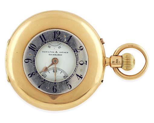 HAMILTON & INCHES - an 18ct gold cased demi-hunter pocket watch