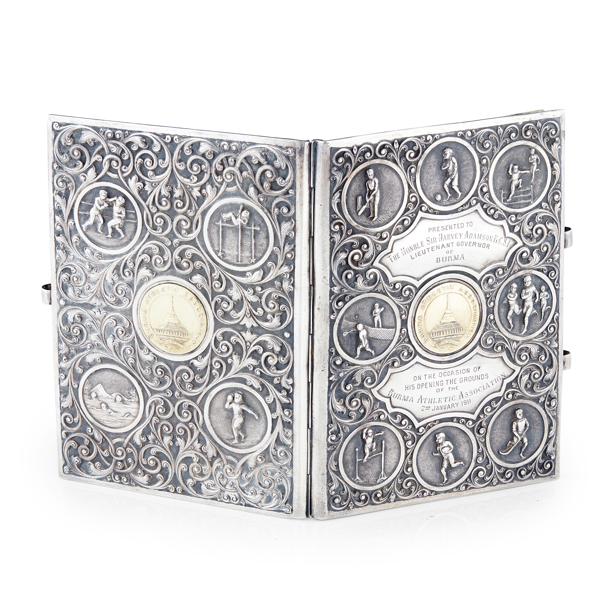 BURMESE SILVER AND SILVER GILT NOTEBOOK COVER, RELATING TO THE BURMA ATHLETIC ASSOCIATION