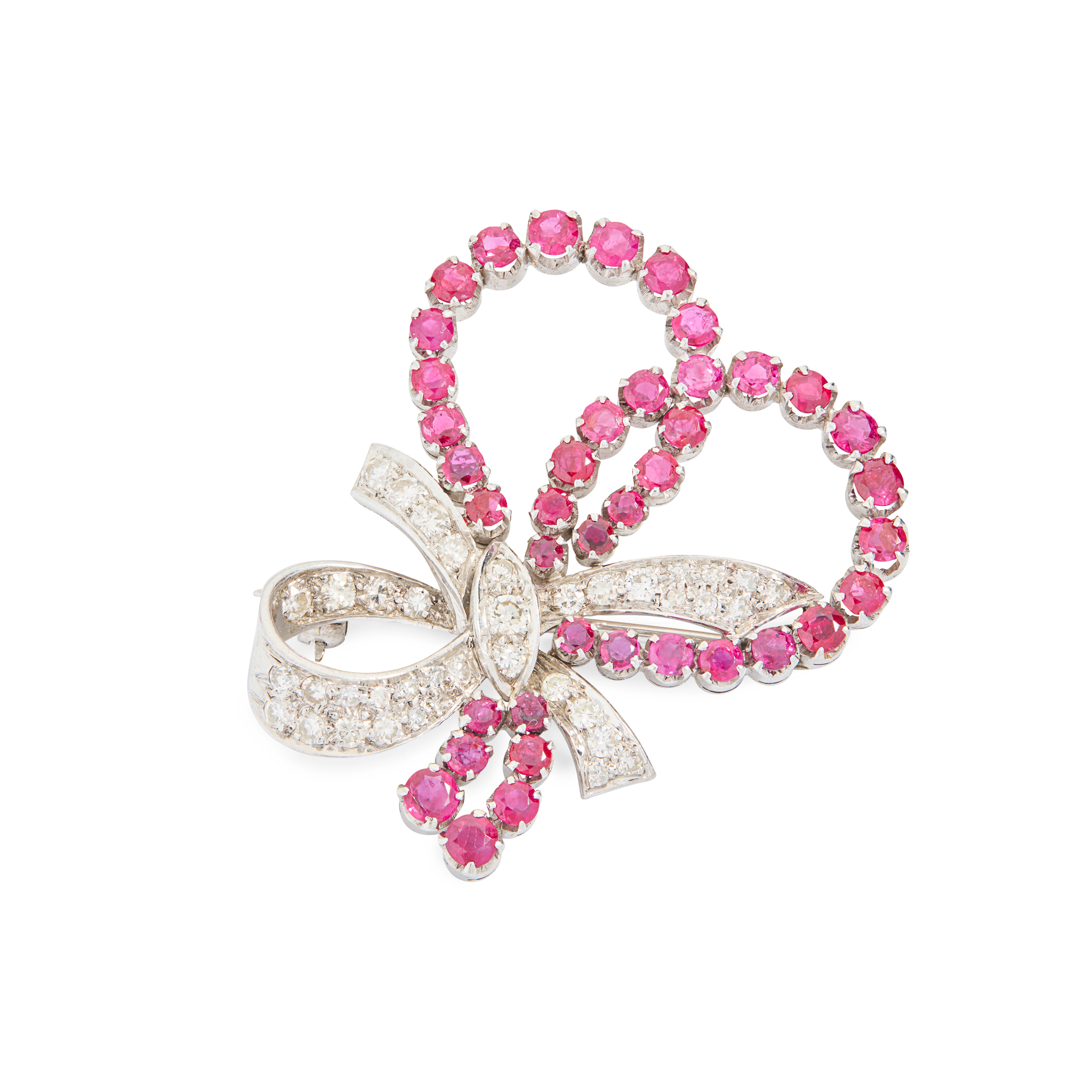 A ruby and diamond bow brooch