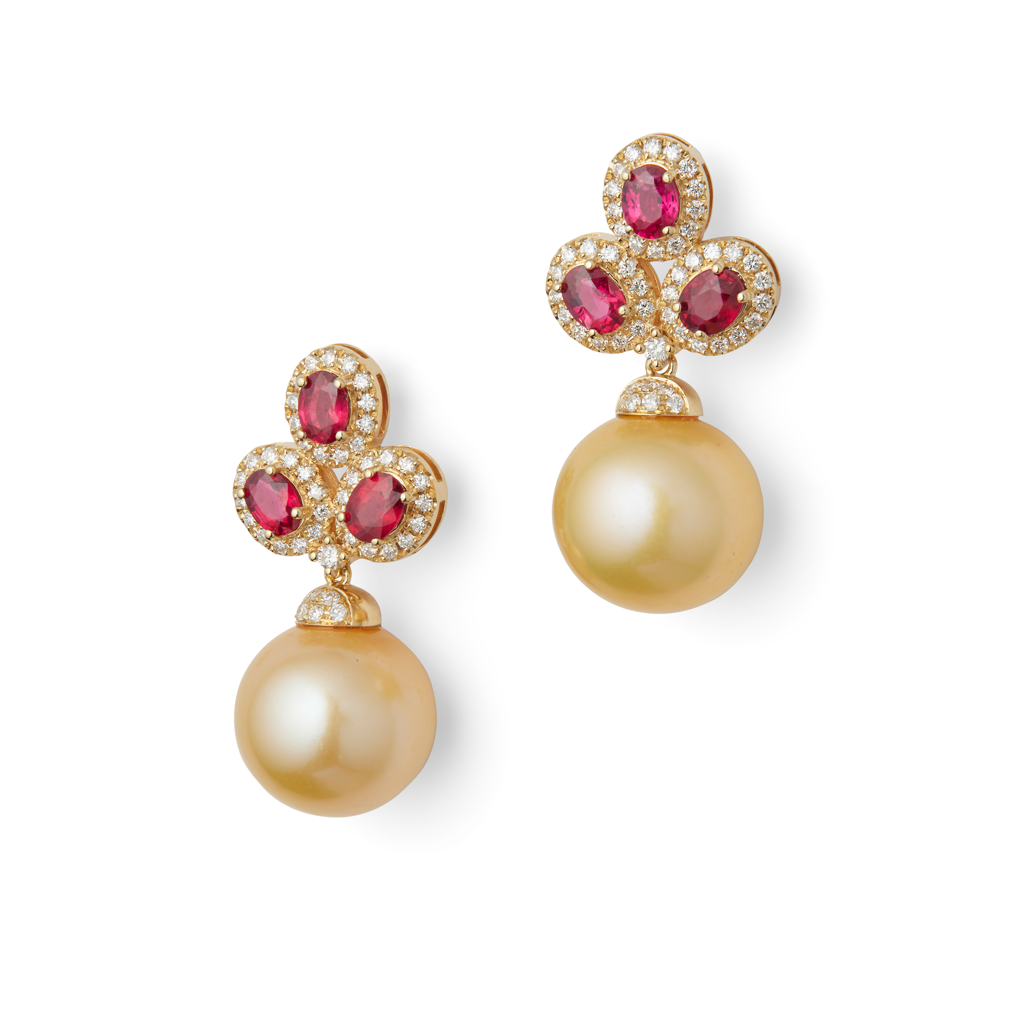 A pair of ruby, diamond and South Sea pearl earrings