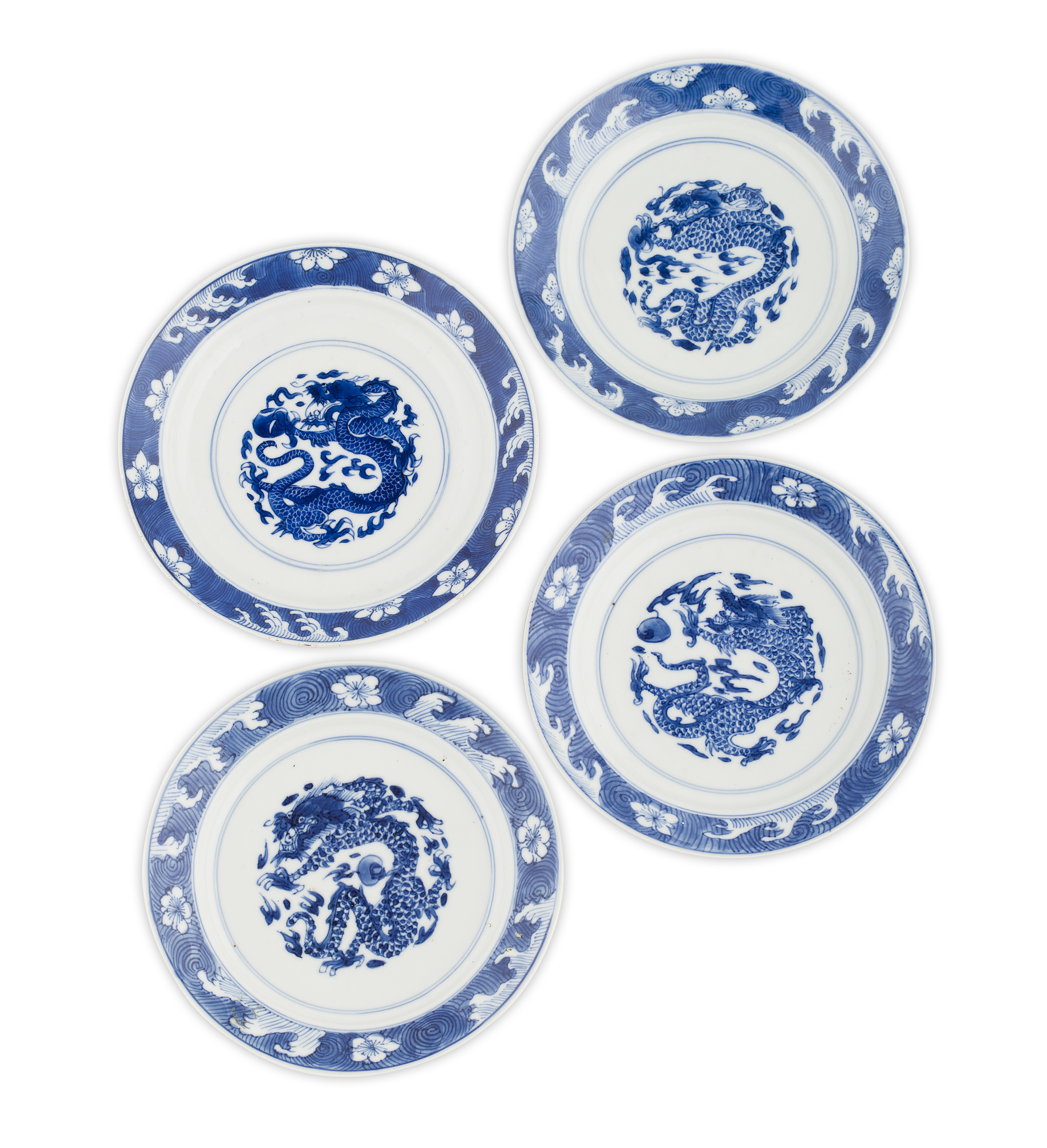 FOUR BLUE AND WHITE 'DRAGON' DISHES