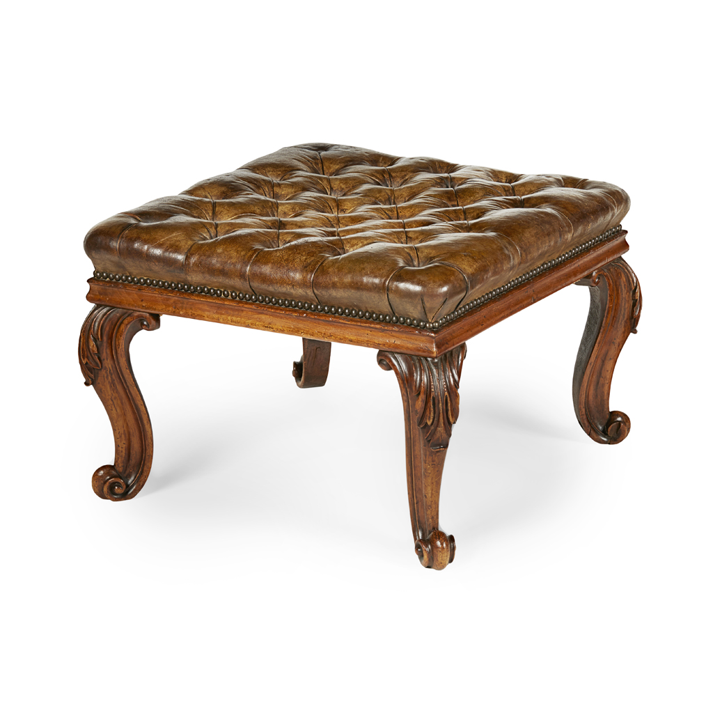 VICTORIAN WALNUT FRAMED LEATHER UPHOLSTERED STOOL