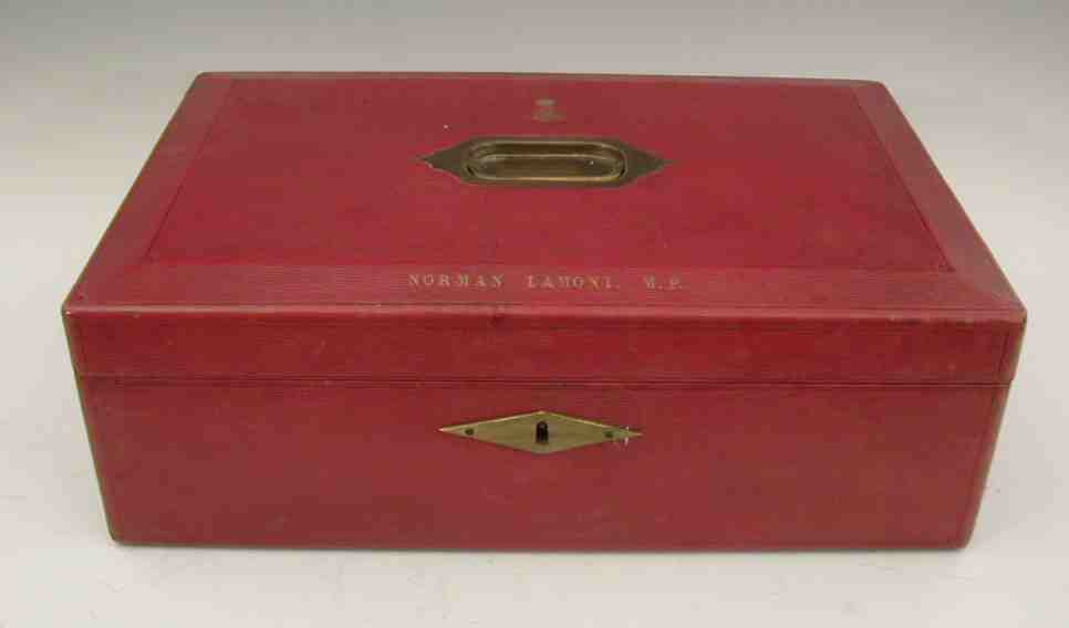 A red leather dispatch box of Her Majesty's Government,