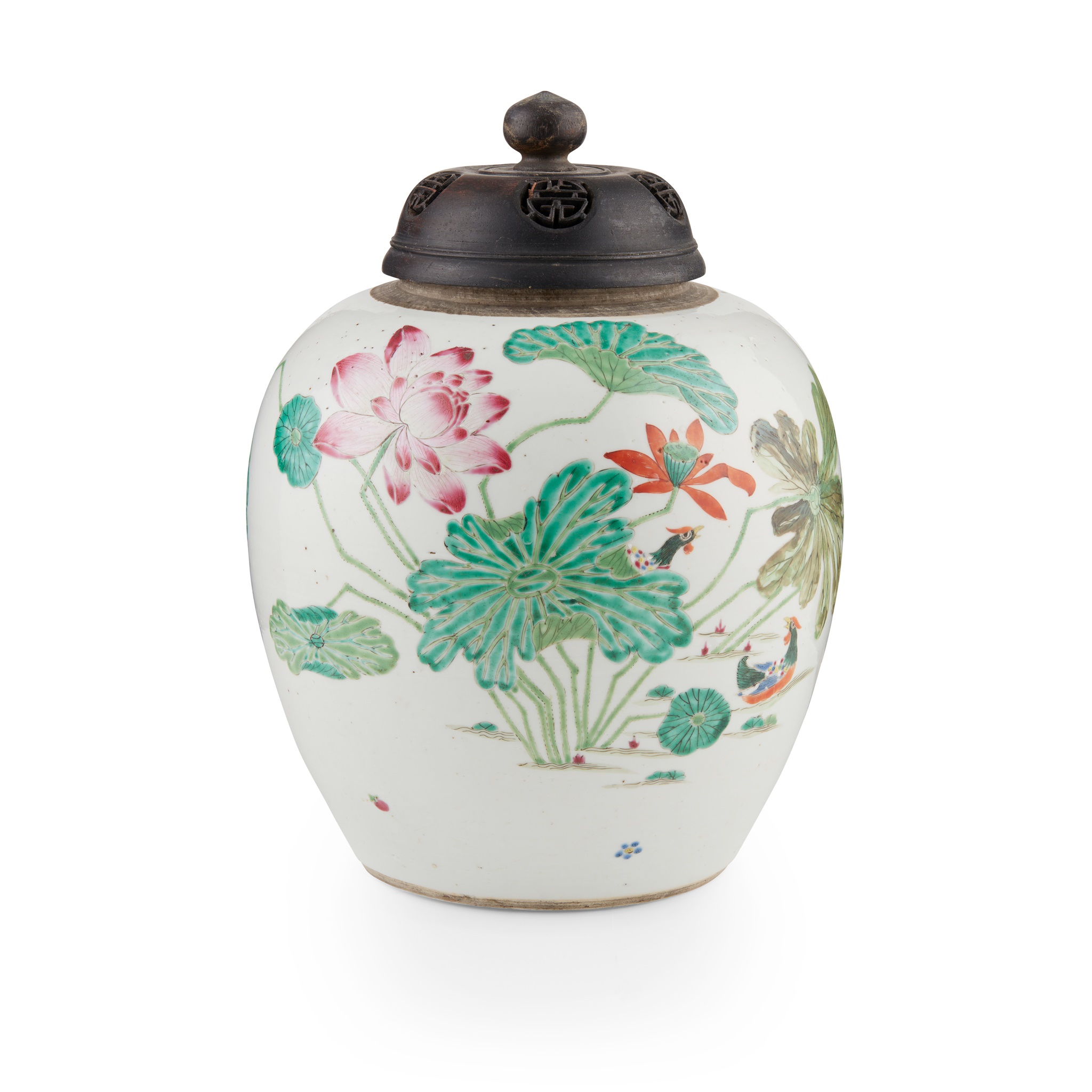FAMILLE ROSE 'LOTUS POND AND MANDARIN DUCKS' GINGER JAR