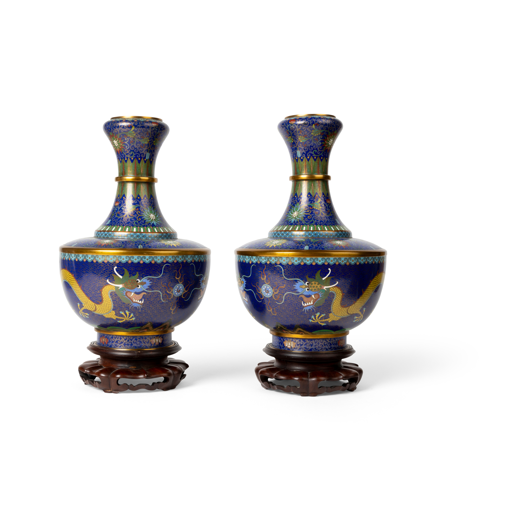 PAIR OF CHINESE CLOISONNÉ ENAMEL 'DRAGON' GARLIC-HEAD VASES
