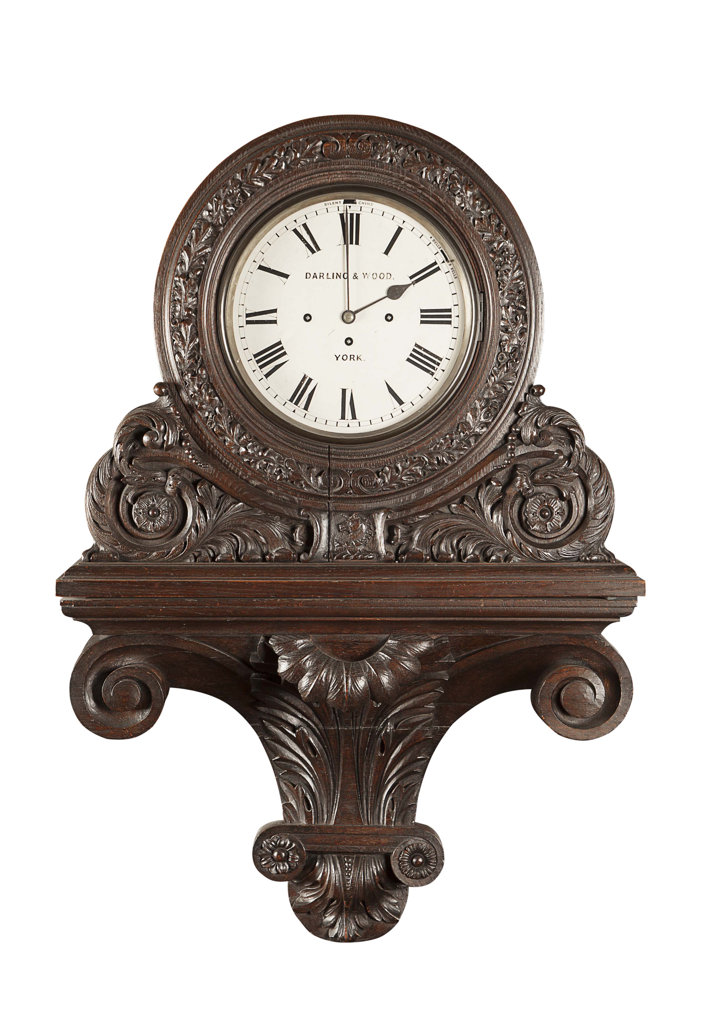 VICTORIAN STAINED OAK BRACKET CLOCK AND BRACKET