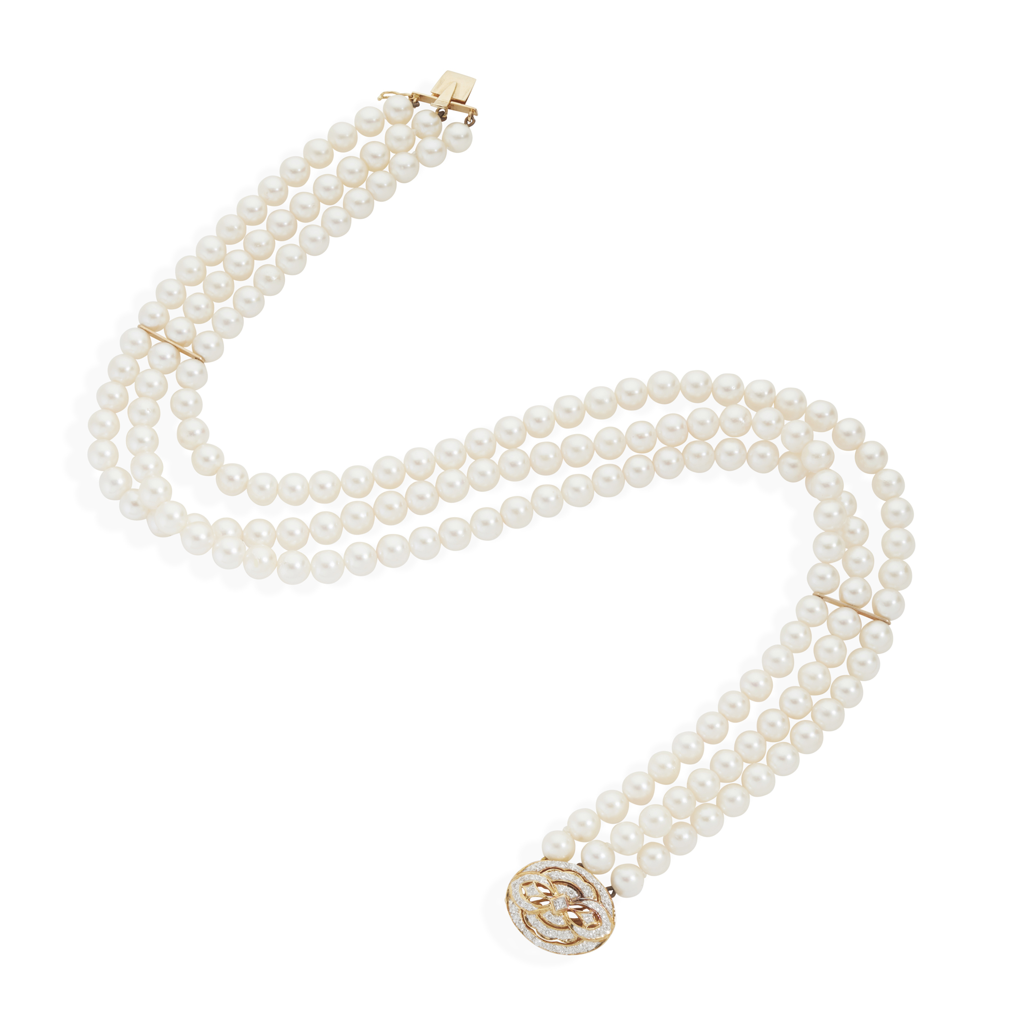 A three-row cultured pearl necklace