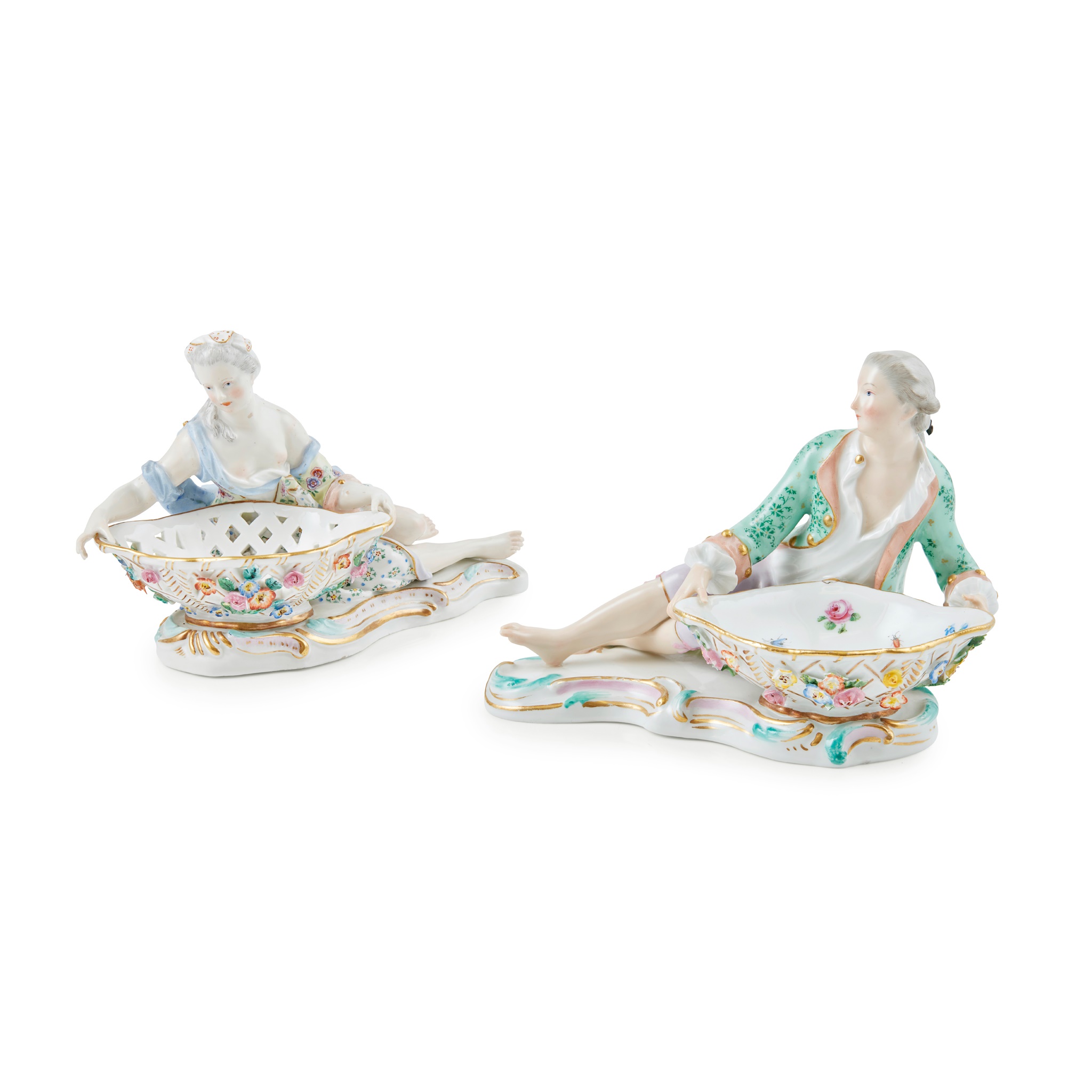 TWO FIGURAL SALTS, ONE MEISSEN, ONE MEISSEN STYLE