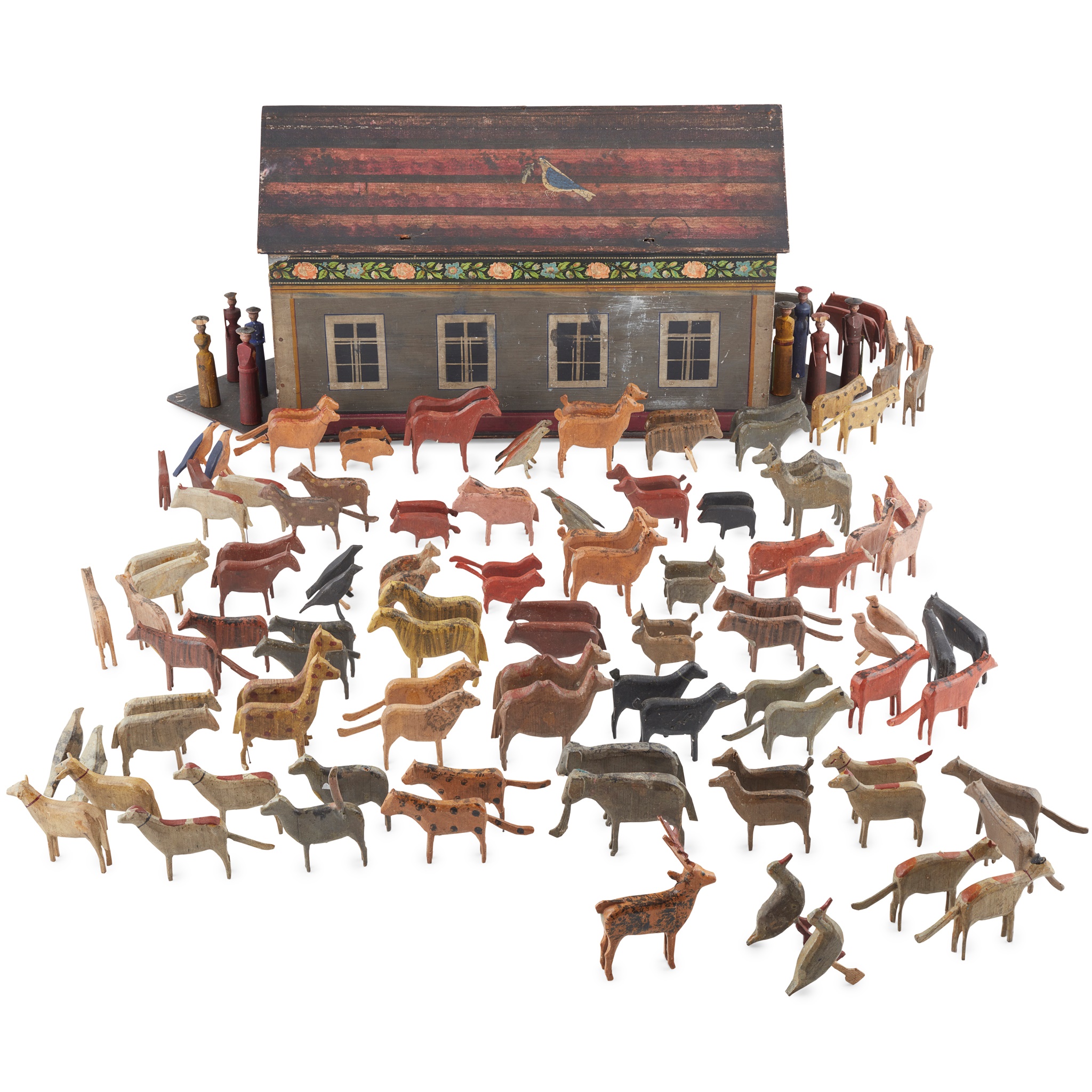 PAINTED WOOD NOAH'S ARK WITH ANIMALS