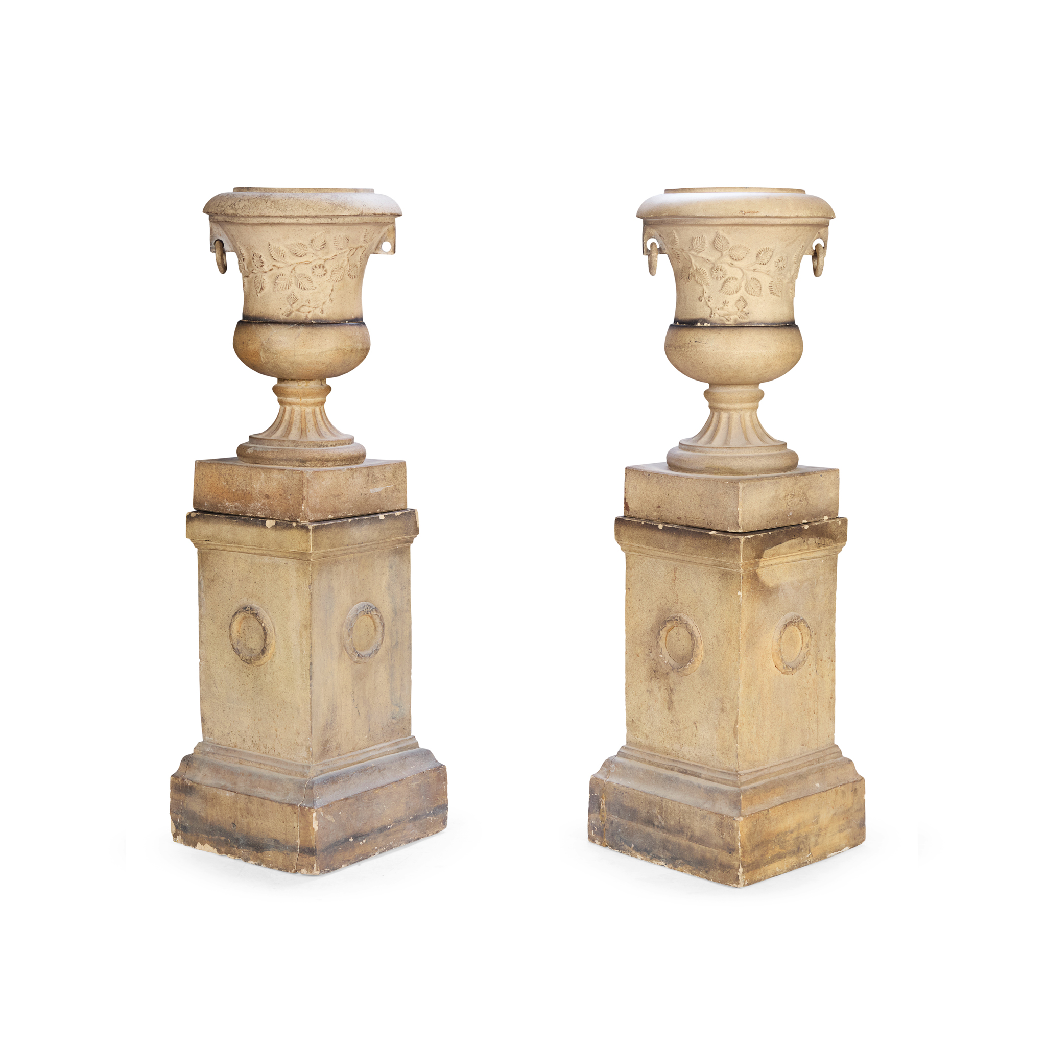 PAIR OF FIRE CLAY URNS AND PEDESTALS
