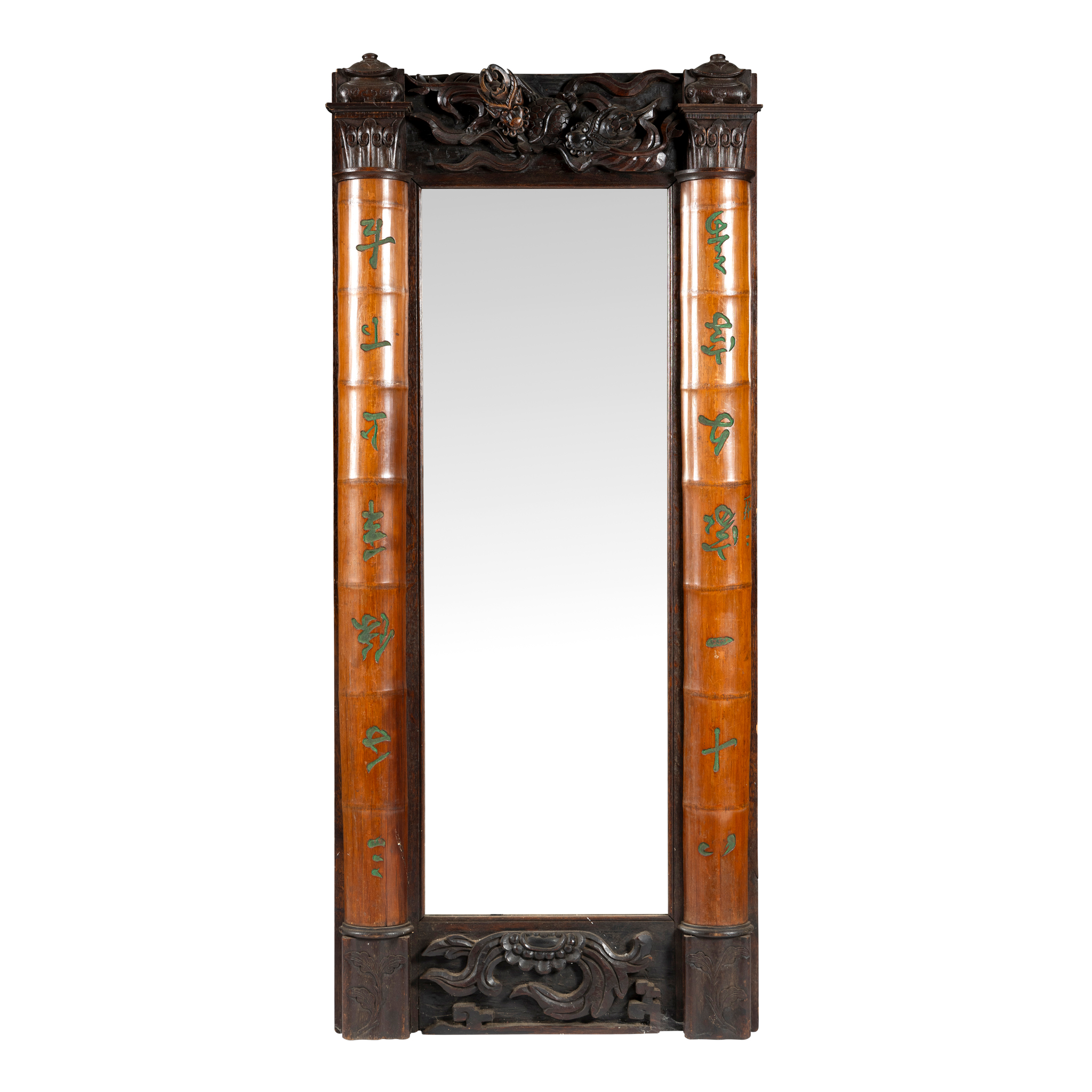 A STAINED HARDWOOD AND BAMBOO WALL MIRROR