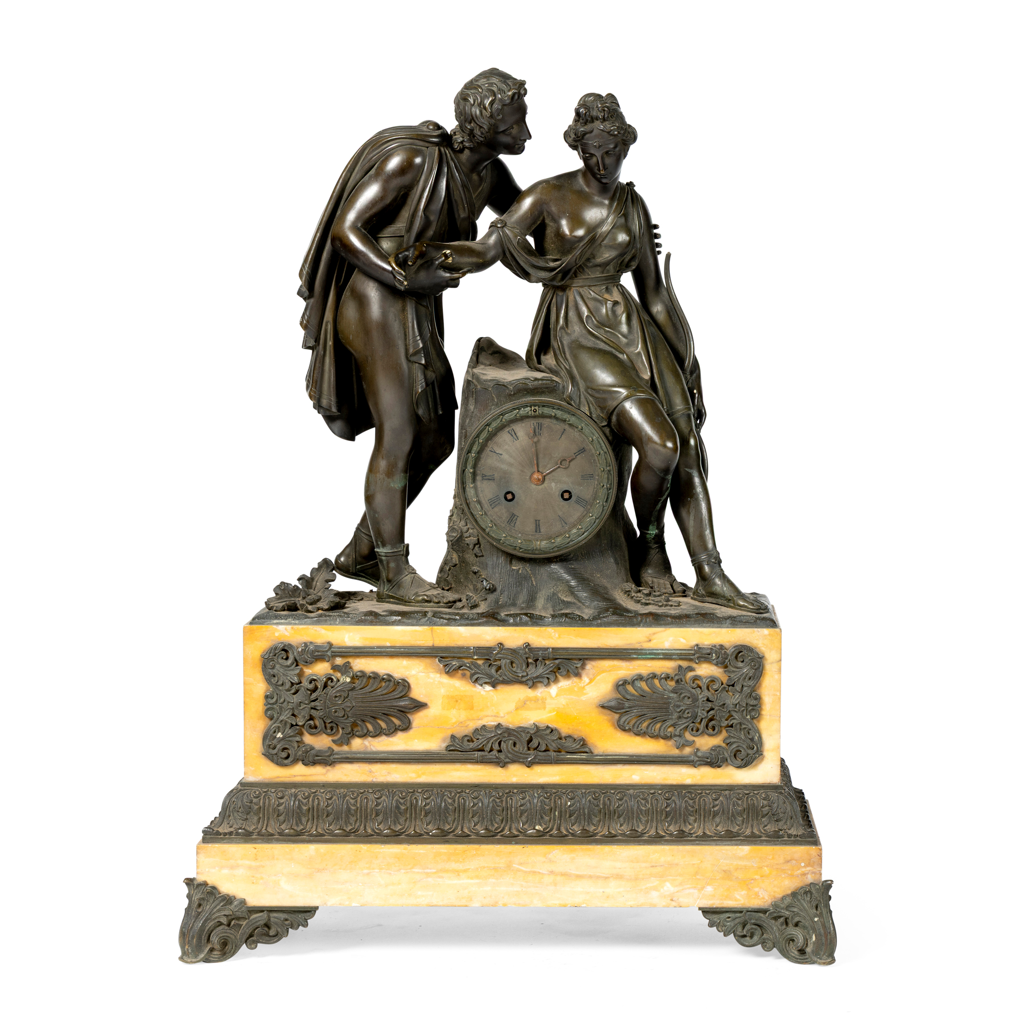 A FRENCH BRONZE AND MARBLE MANTEL CLOCK