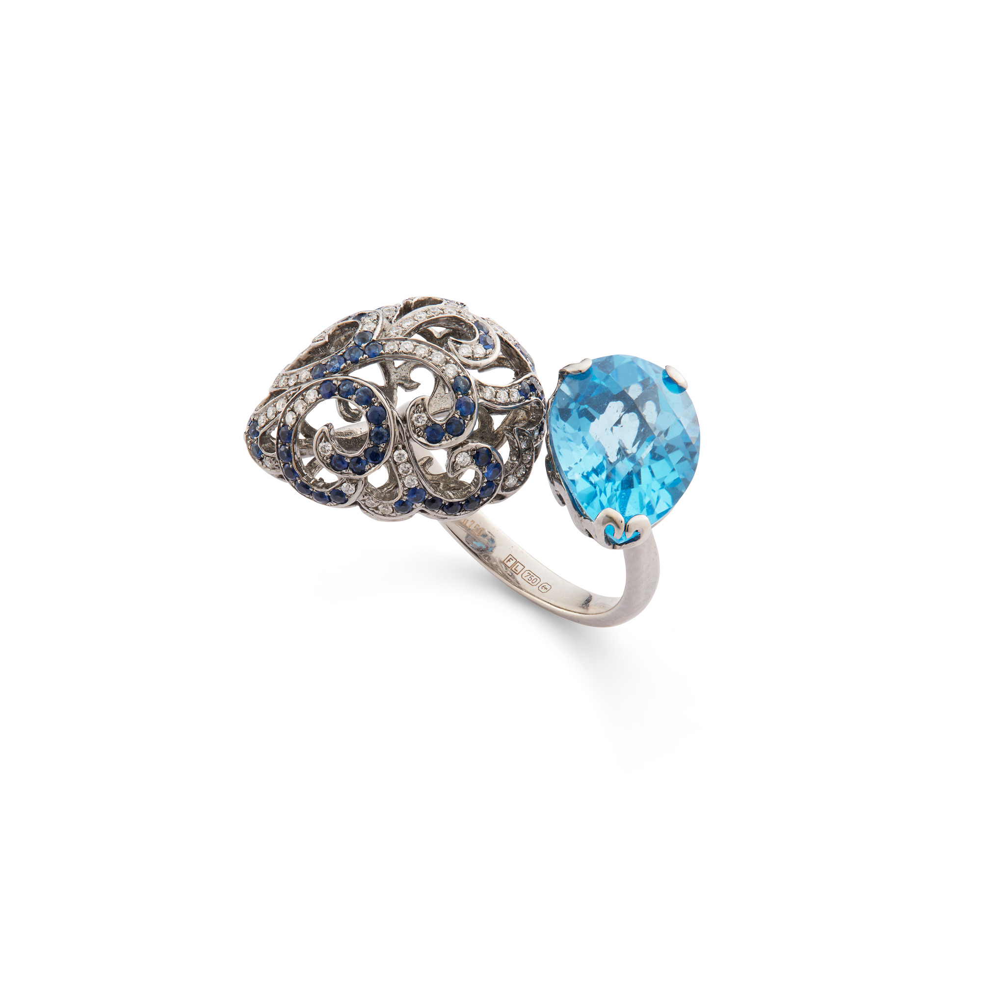 Fei Liu: A toi et moi blue topaz, diamond and sapphire 'Whispering' ring