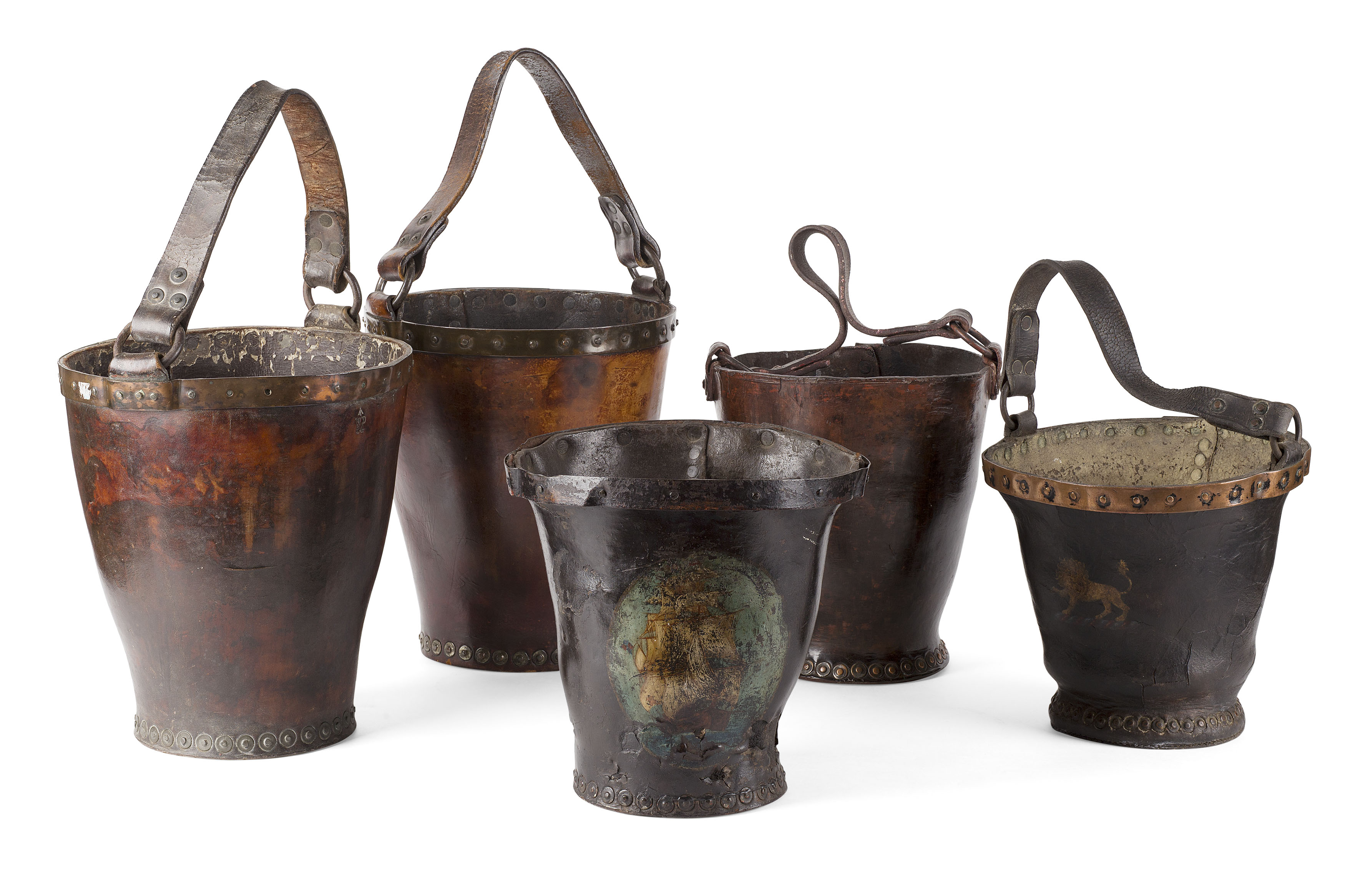 FIVE LEATHER FIRE BUCKETS