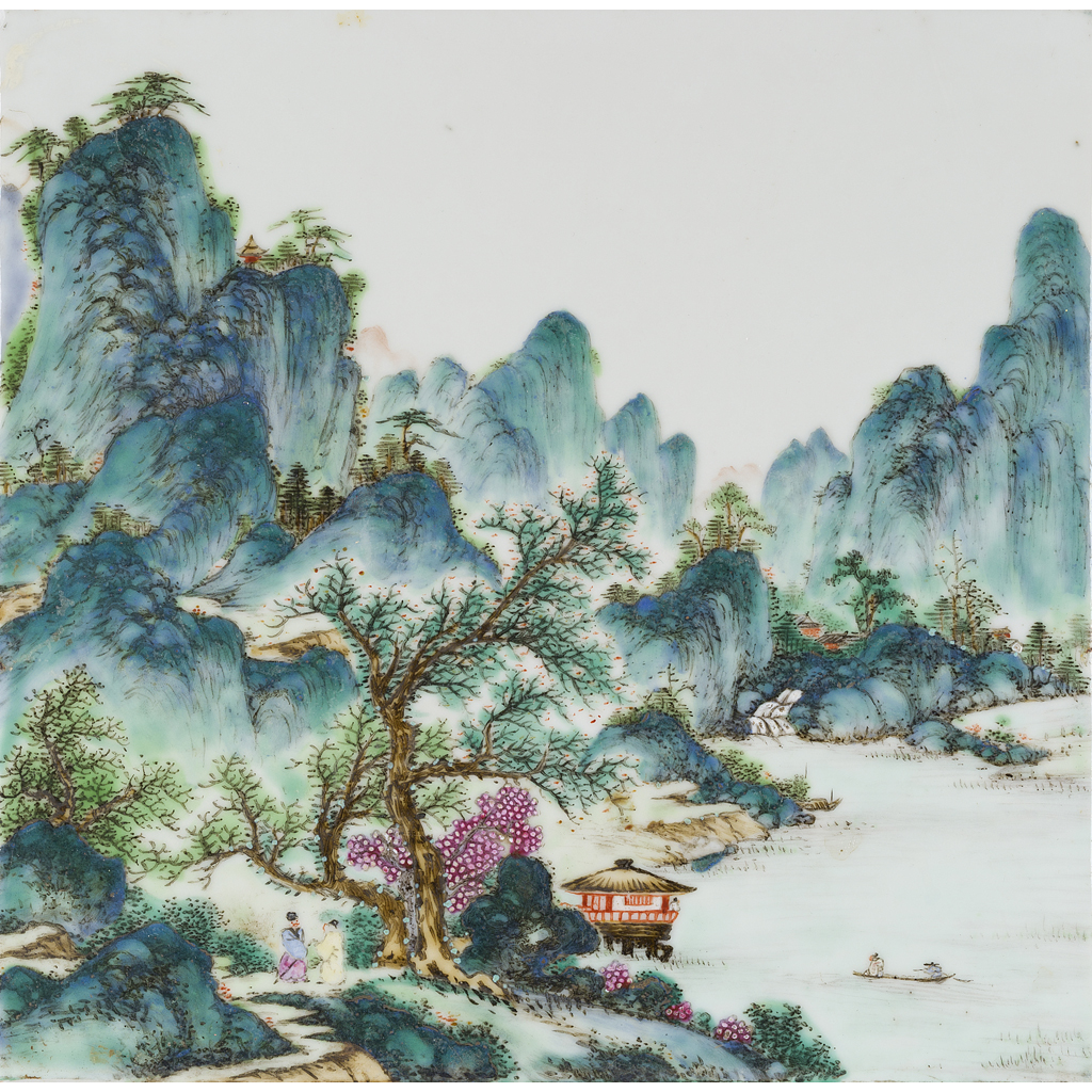 PAIR OF POLYCHROME ENAMELLED 'LANDSCAPE' PLAQUES