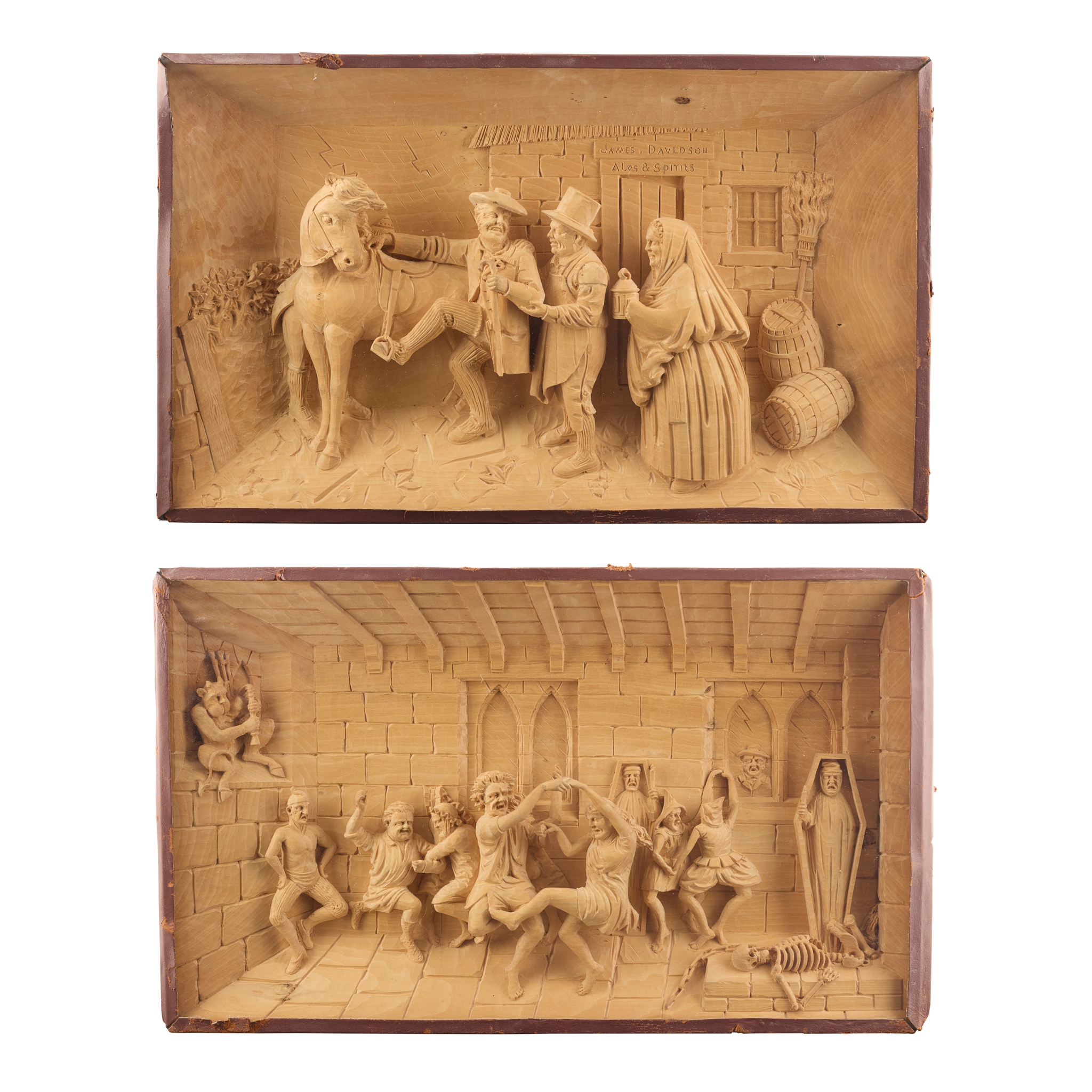 TWO SCOTTISH CARVED LIMEWOOD TABLEAU SCENES FROM TAM O'SHANTER, ATTRIBUTED TO THE WORKSHOP OF THOMAS HALL TWEEDY