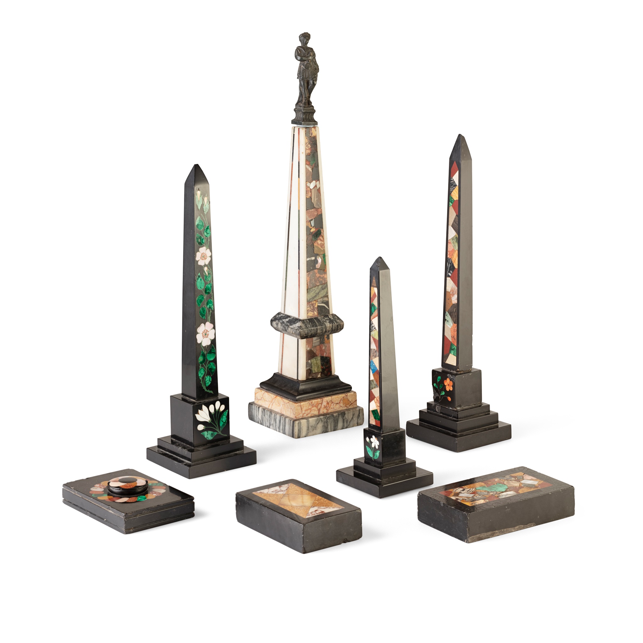 GROUP OF DERBYSHIRE ASHFORD BLACK PIETRA DURA OBELISKS AND DESK WEIGHTS