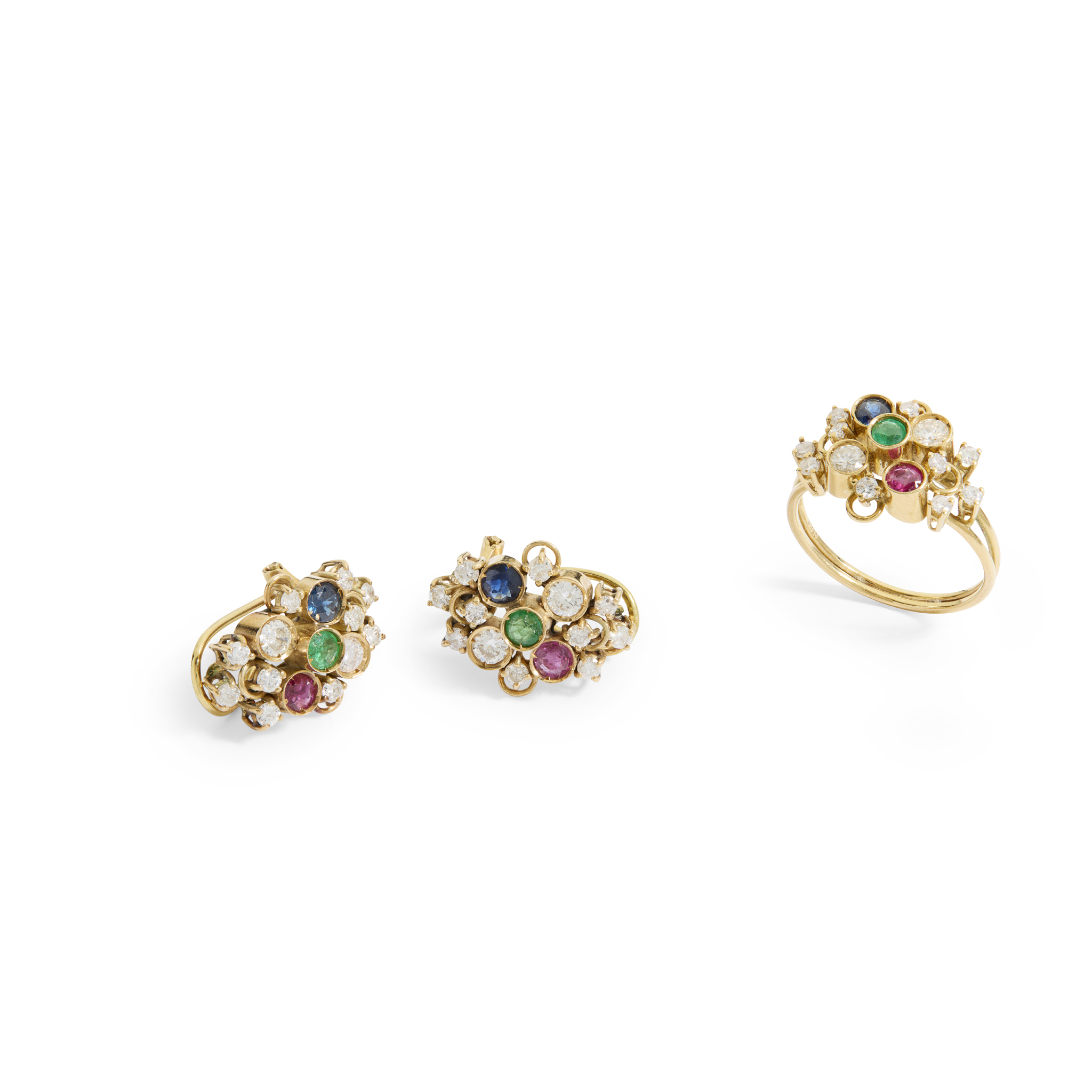A pair of ruby, emerald, sapphire and diamond earrings and matching ring