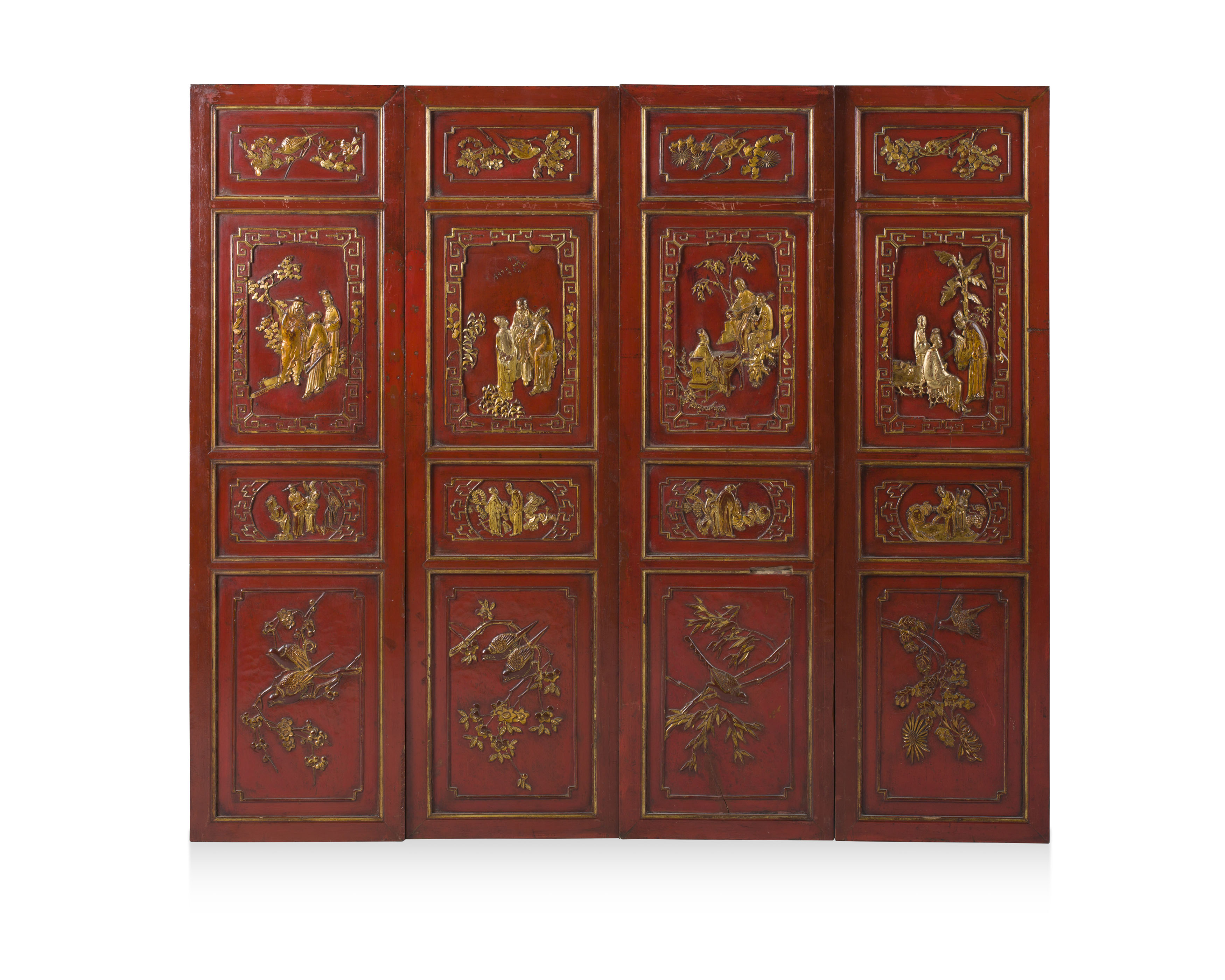 FOUR CHINESE CARVED, RED PAINTED AND PARCEL GILT PANELS