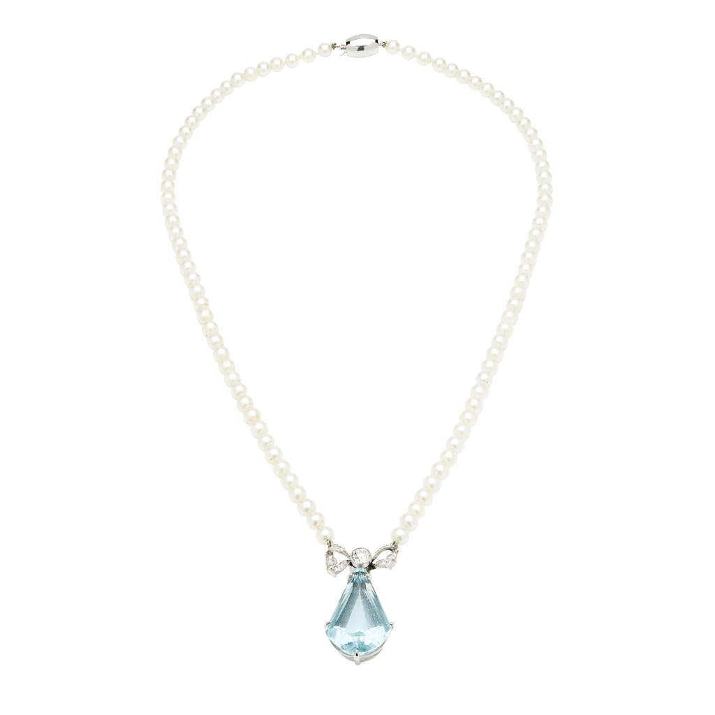 An aquamarine, pearl and diamond set necklace