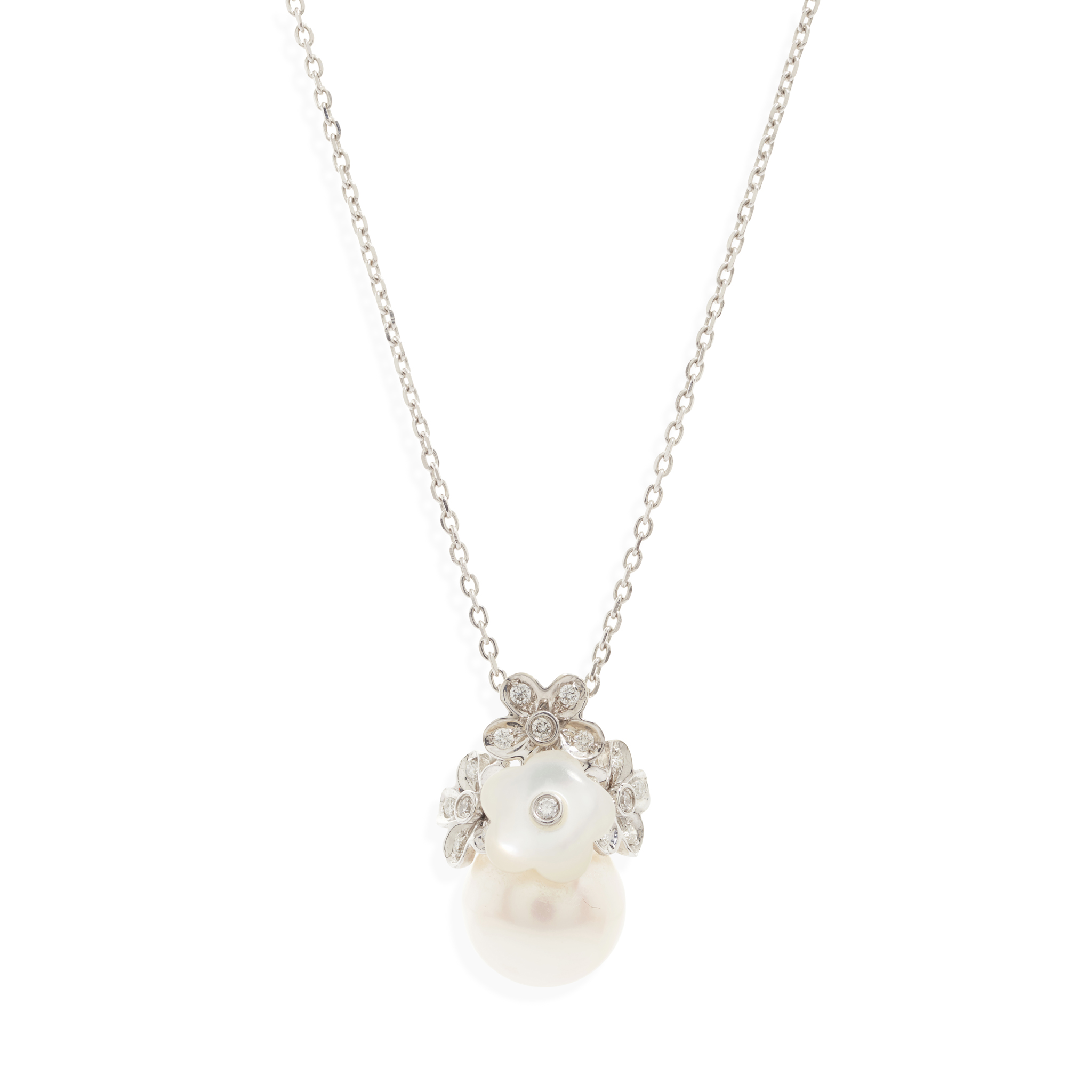 An 18ct gold cultured pearl, diamond and mother-of-pearl floral pendant necklace