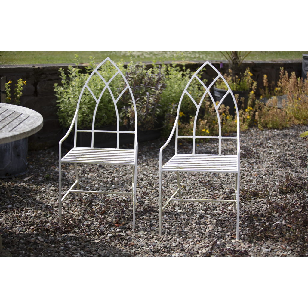 PAIR OF WHITE PAINTED WROUGHT IRON GARDEN CHAIRS