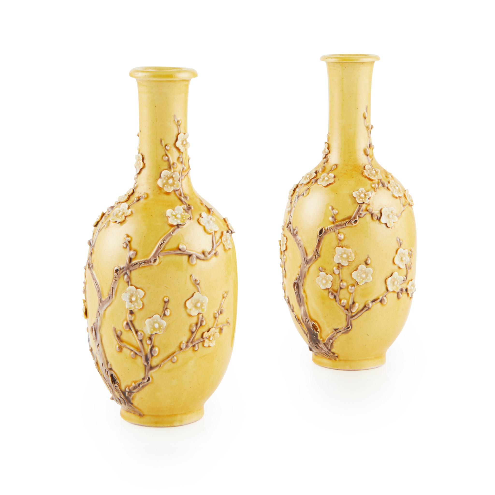 PAIR OF YELLOW-GLAZED 'PRUNUS' VASES