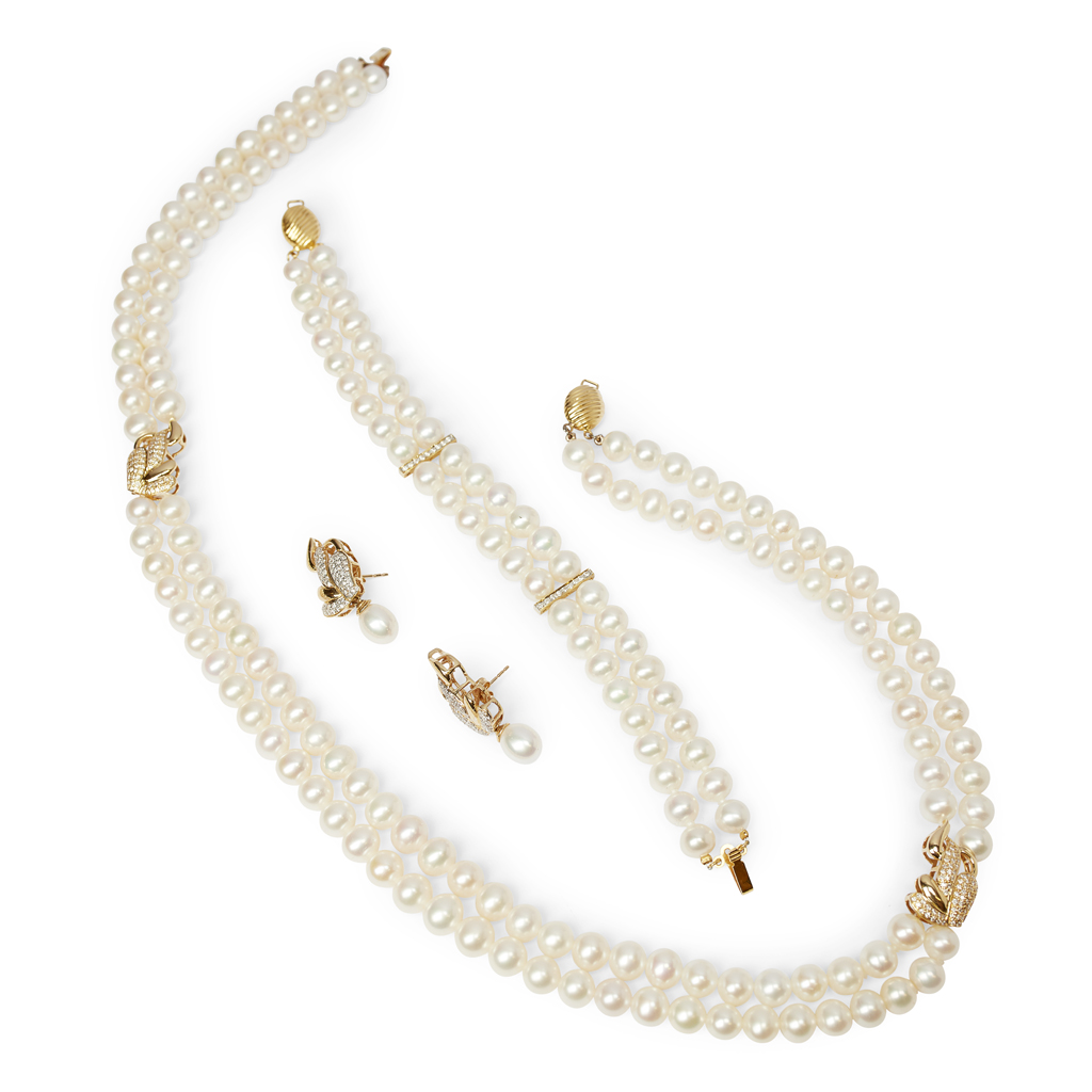 A suite of cultured pearl and diamond set jewellery, Mikura