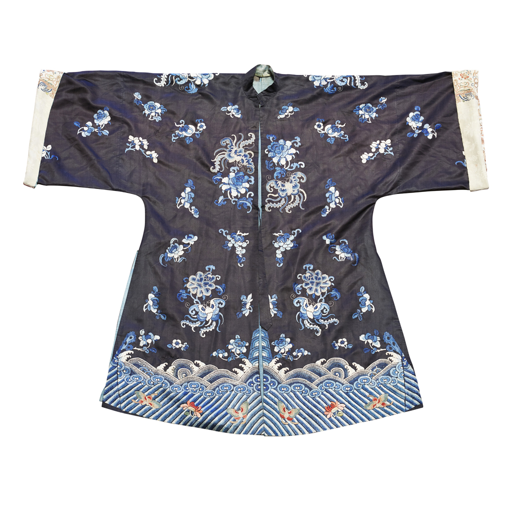 MIDNIGHT-BLUE-GROUND EMBROIDERED SILK LADY'S INFORMAL ROBE