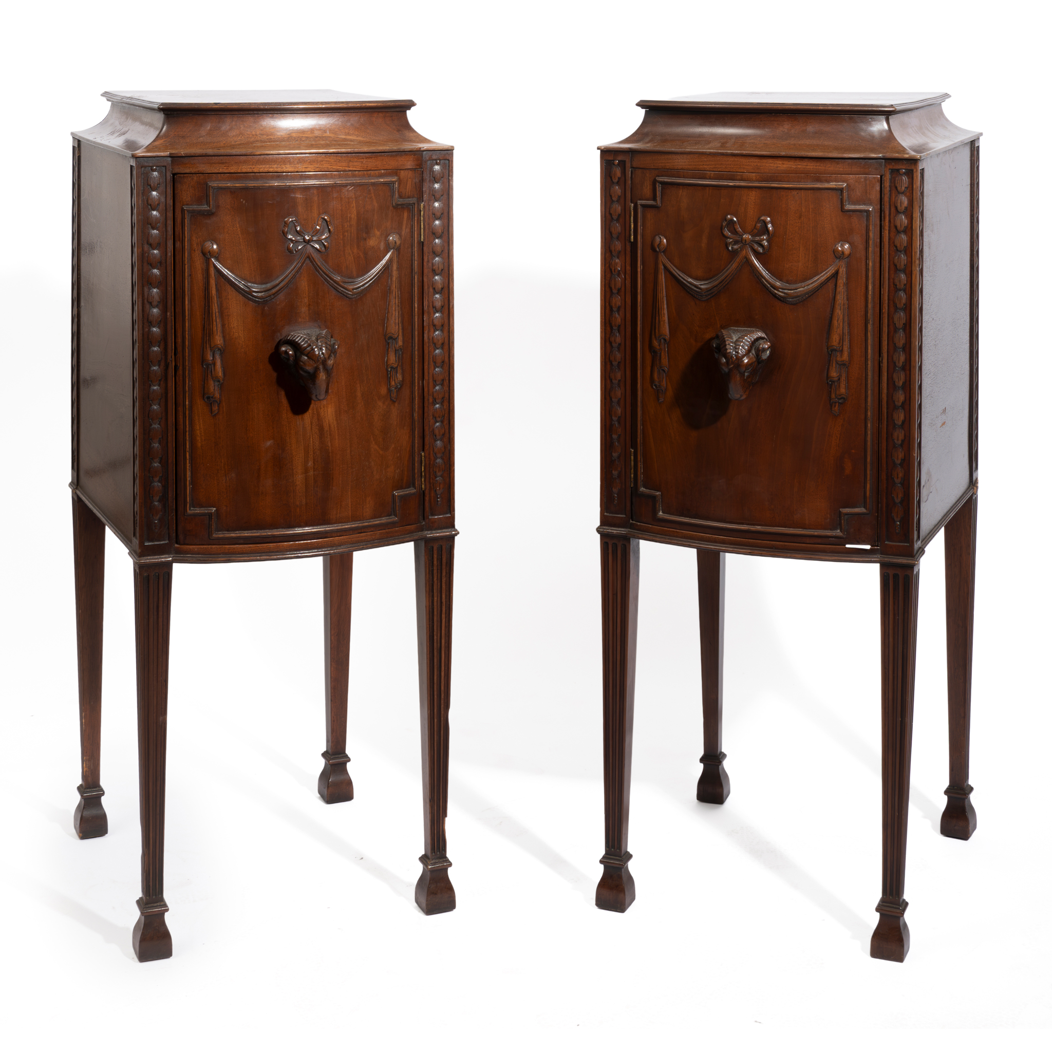 A PAIR OF ADAM STYLE MAHOGANY DINING ROOM PEDESTAL CUPBOARDS
