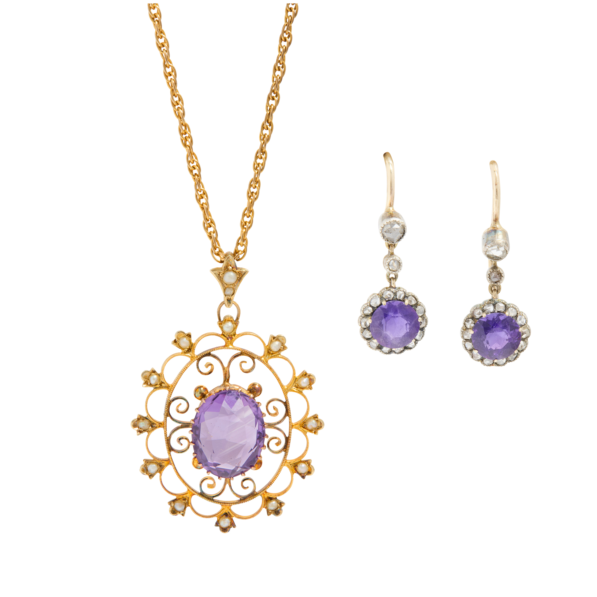 A pair of early 20th century amethyst and diamond earrings