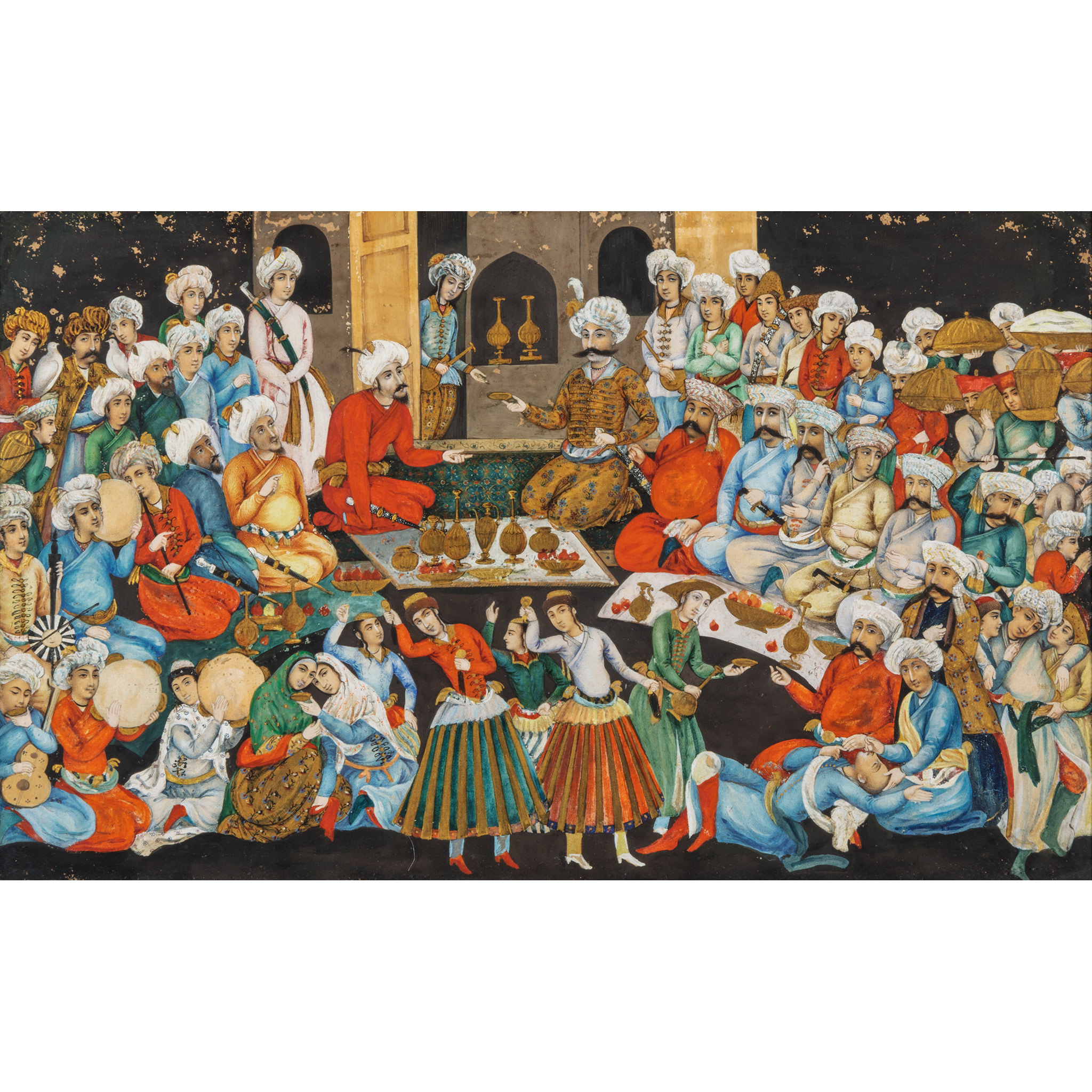 SHAH TAHMASP ENTERTAINING MUGHAL EMPEROR HUMAYUN WITH A BANQUET BY A MASTER QAJAR ARTIST
