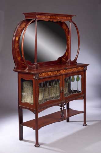 An Art Nouveau mahogany and marquetry inlaid display cabinet