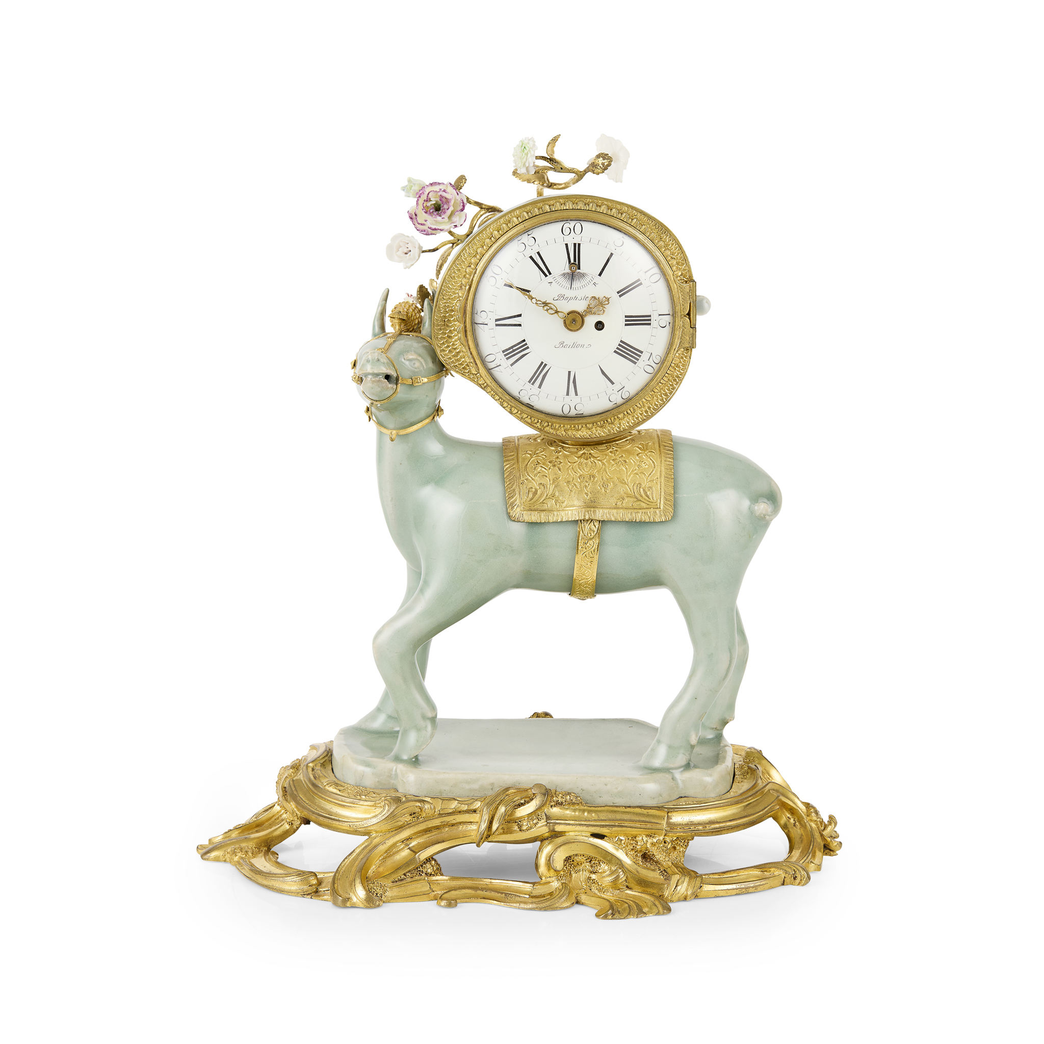 LOUIS XV GILT BRONZE MOUNTED CHINESE CELADON AND MEISSEN PORCELAIN MANTEL CLOCK, SIGNED BAPTISTE BAILLON
