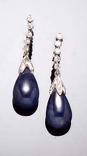 A pair of cabochon sapphire and diamond pendant earrings,