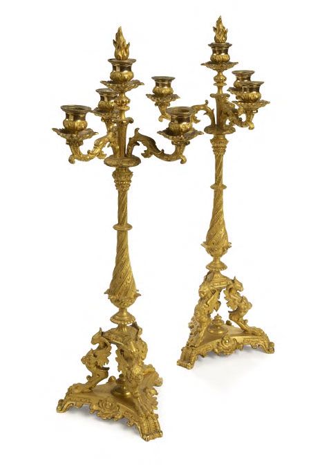A pair of 19th century French gilt brass table candelabra,